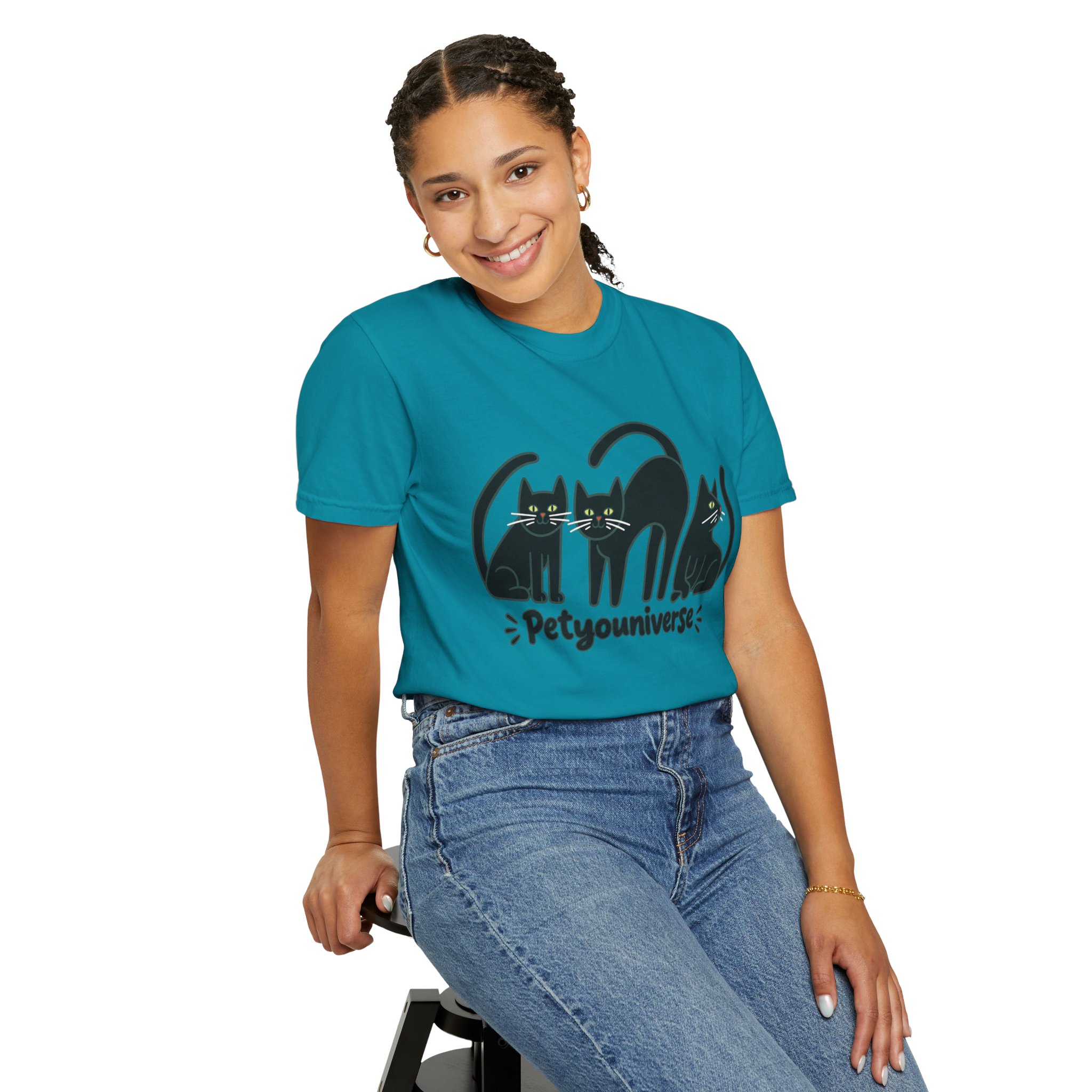 Cat T-Shirt — "Petyouniverse" Black Cat Trio Graphic Tee - Image 105