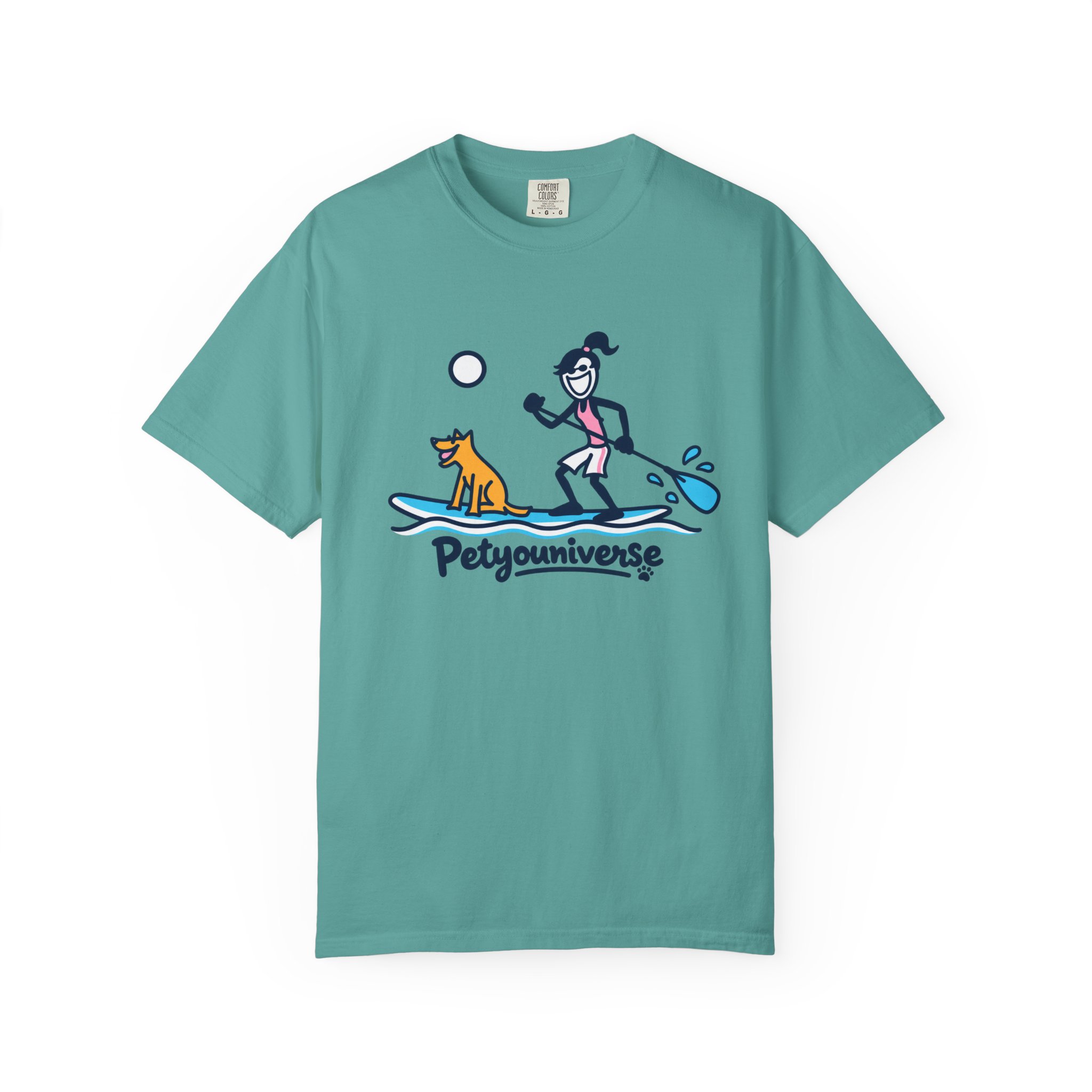 Paddleboarding Pup Graphic T-Shirt — "Petyouniverse" Dog & Owner Paddleboard Tee - Image 65