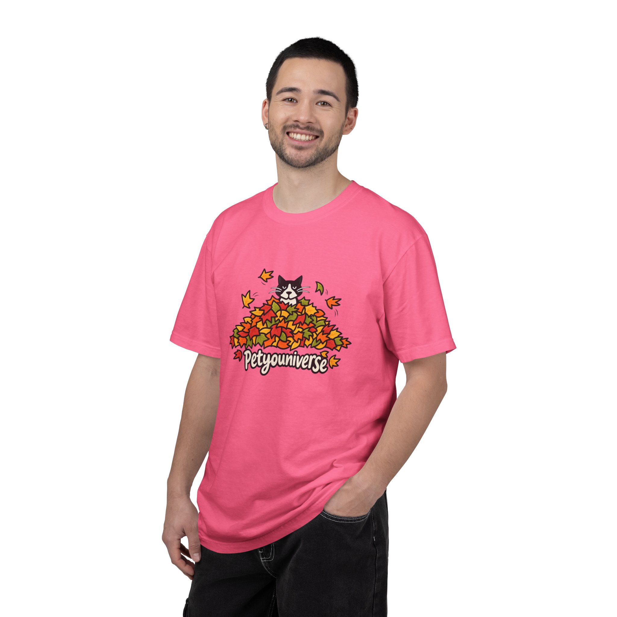 Cat in Leaf Pile T-Shirt — "Petyouniverse" Fall Cat Tee - Image 112