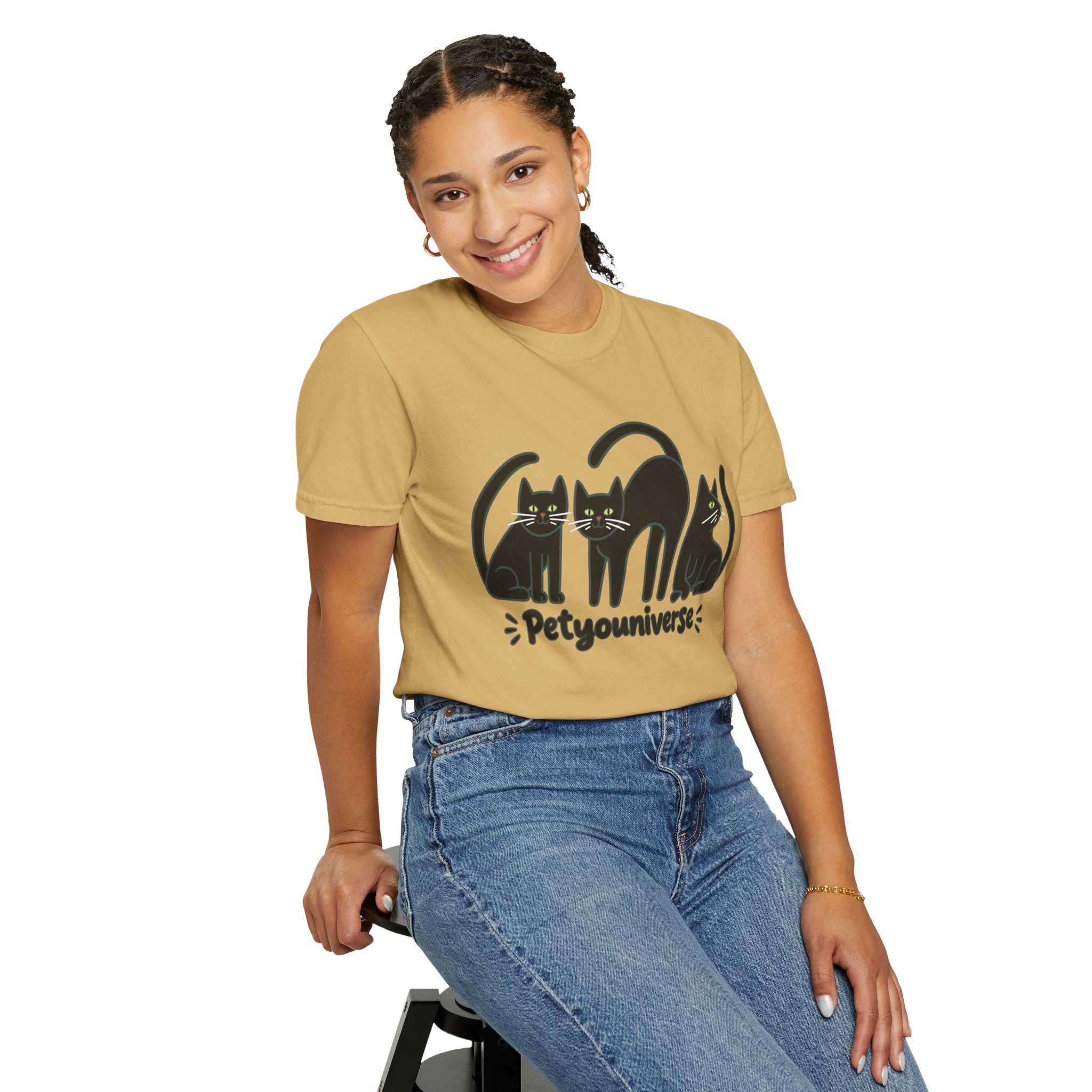 Cat T-Shirt — "Petyouniverse" Black Cat Trio Graphic Tee - Image 33