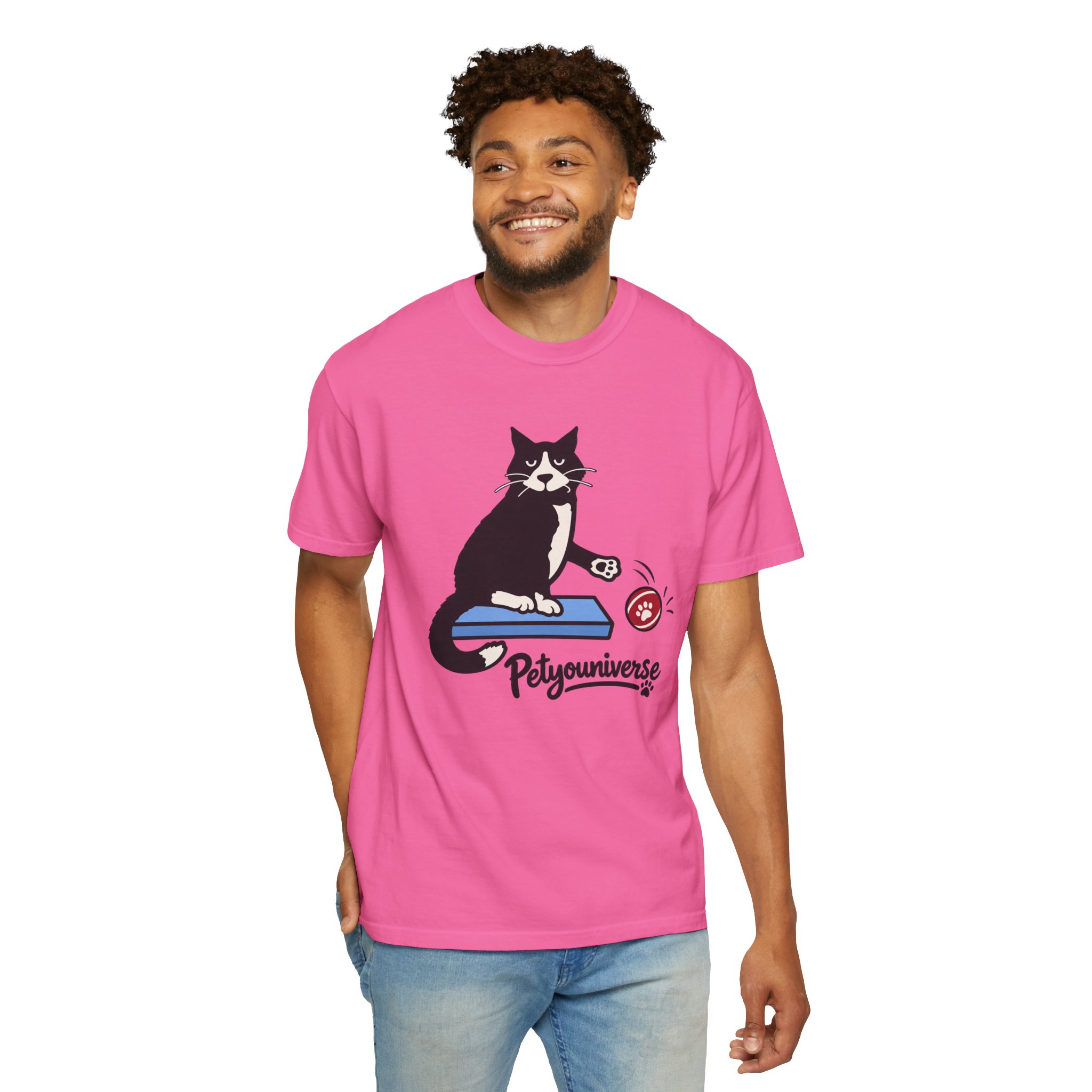 Cat on Scratch Pad Graphic T-Shirt — "Petyouniverse" Cute Paw Play Tee - Image 124