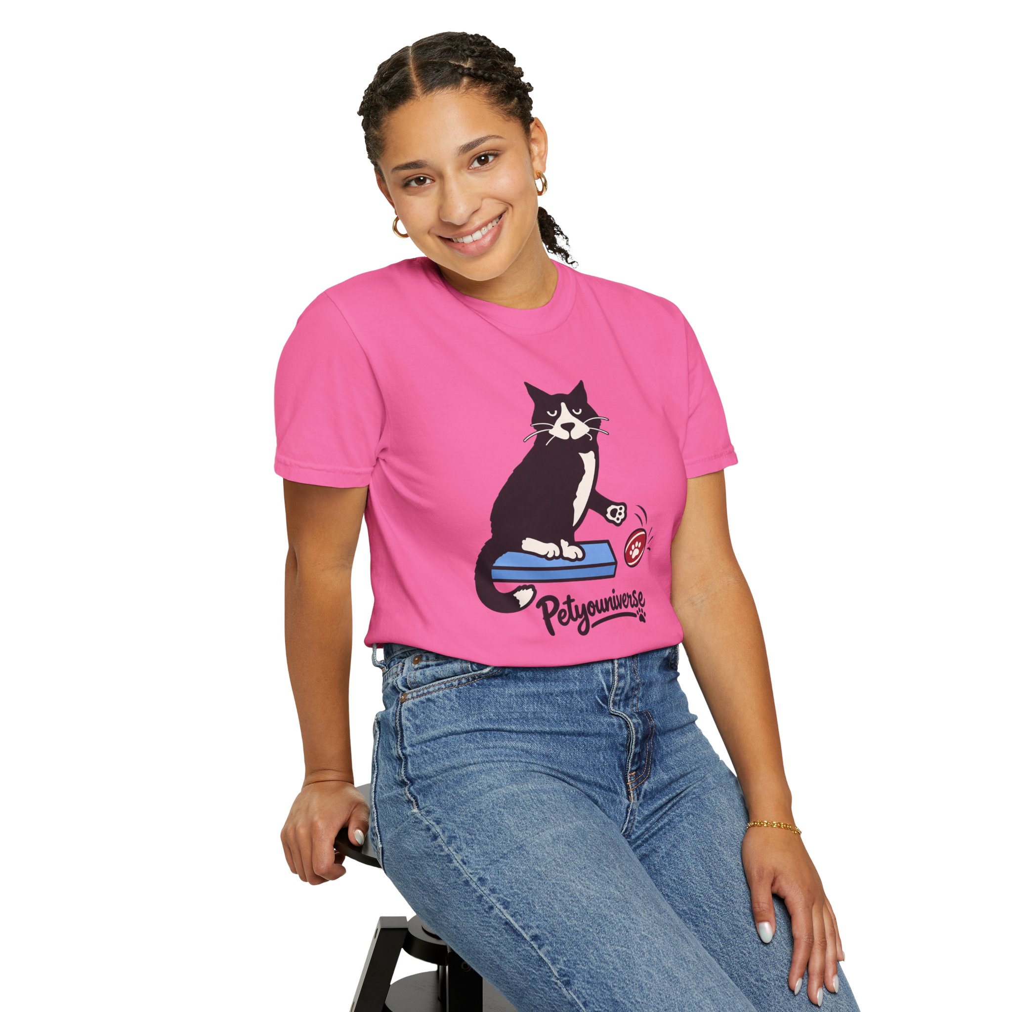 Cat on Scratch Pad Graphic T-Shirt — "Petyouniverse" Cute Paw Play Tee - Image 123
