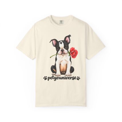 Boston Terrier Puppy Tee – Rose & "PetYoUniverse" Graphic T-Shirt