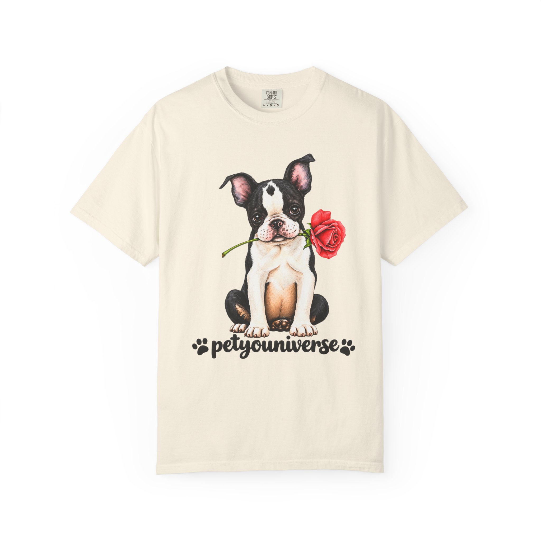 Boston Terrier Puppy Tee – Rose & "PetYoUniverse" Graphic T-Shirt
