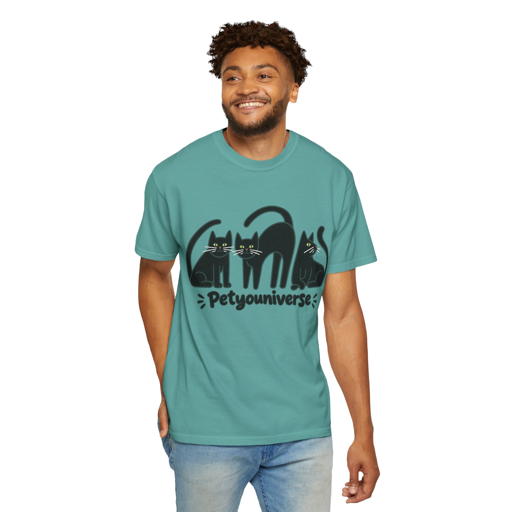 Cat T-Shirt — "Petyouniverse" Black Cat Trio Graphic Tee - Image 97