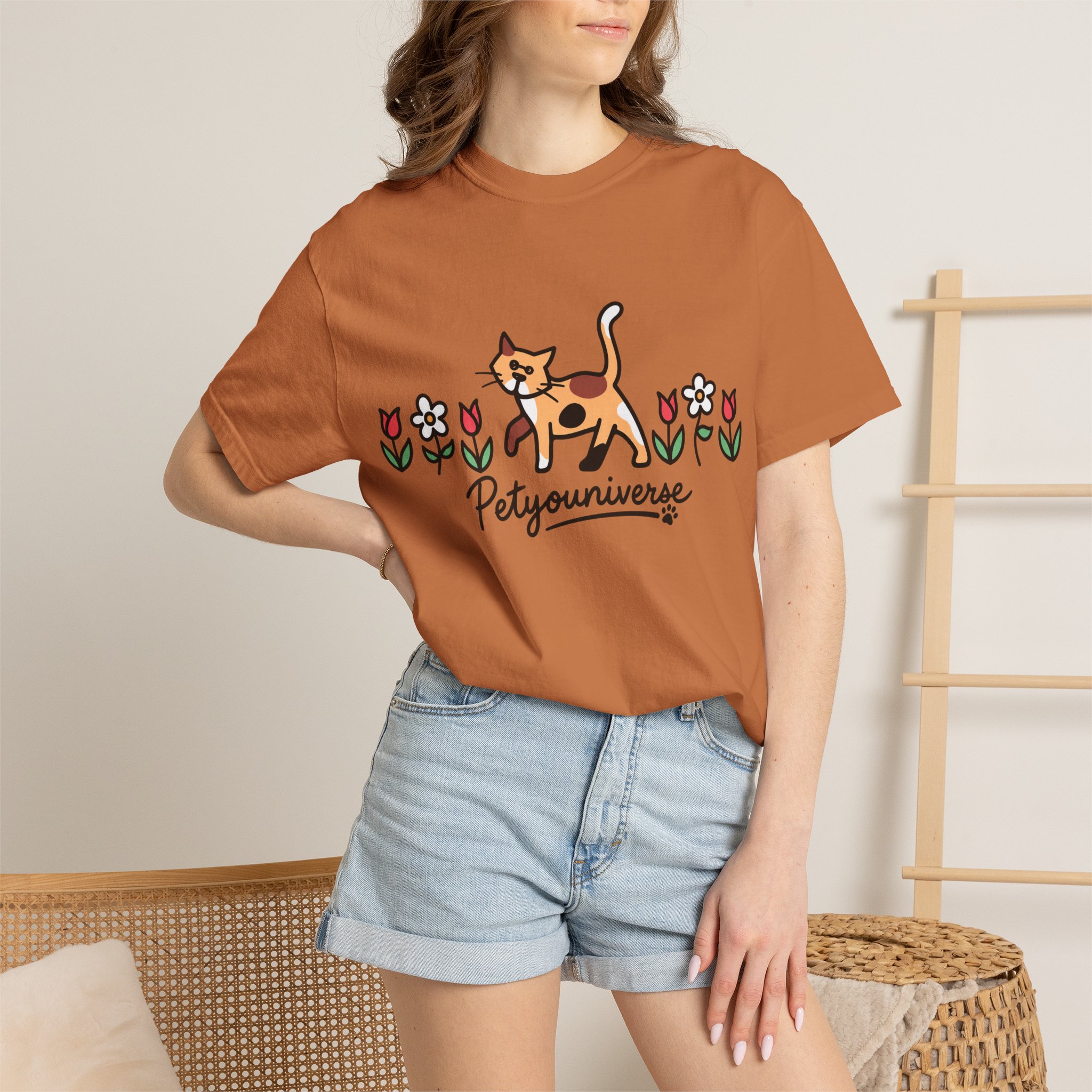 Cat & Flowers T-Shirt — 'Petsyouniverse' Cute Calico Tee - Image 20