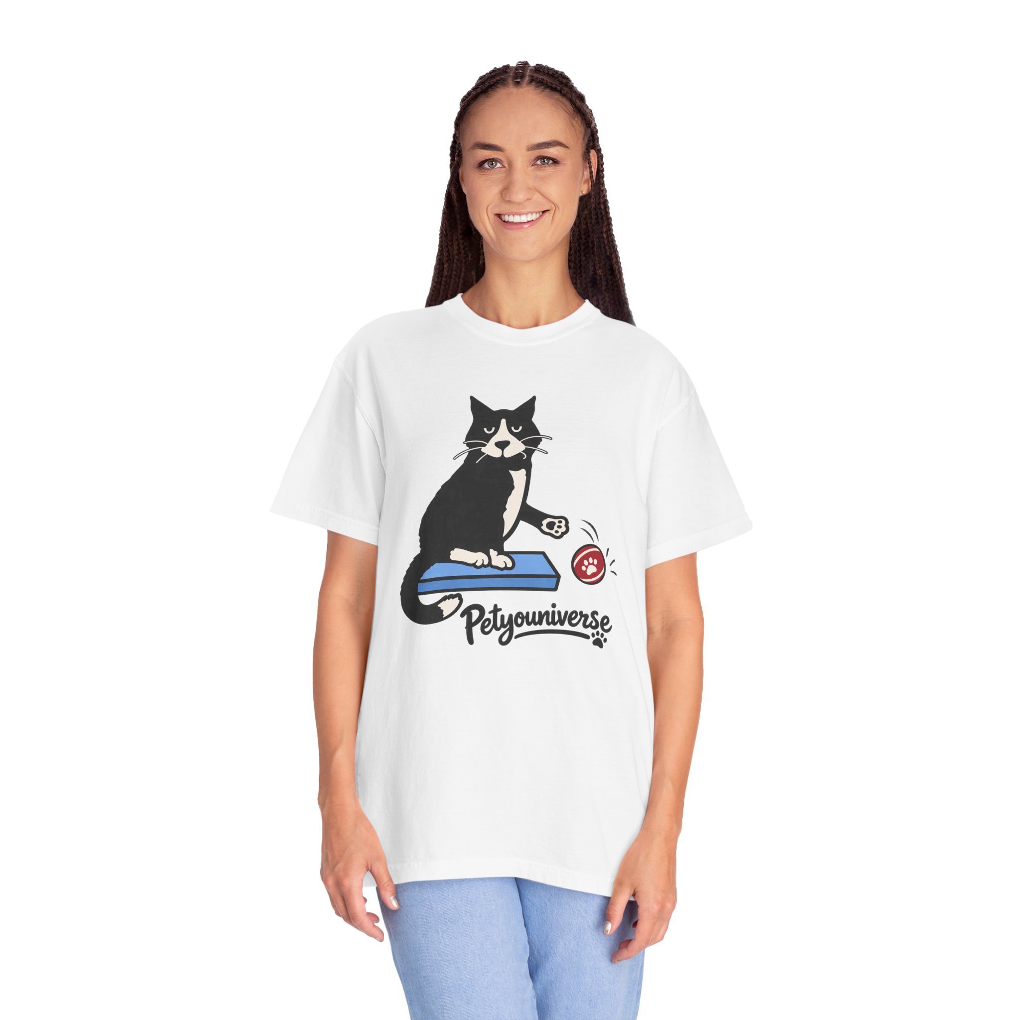 Cat on Scratch Pad Graphic T-Shirt — "Petyouniverse" Cute Paw Play Tee - Image 5