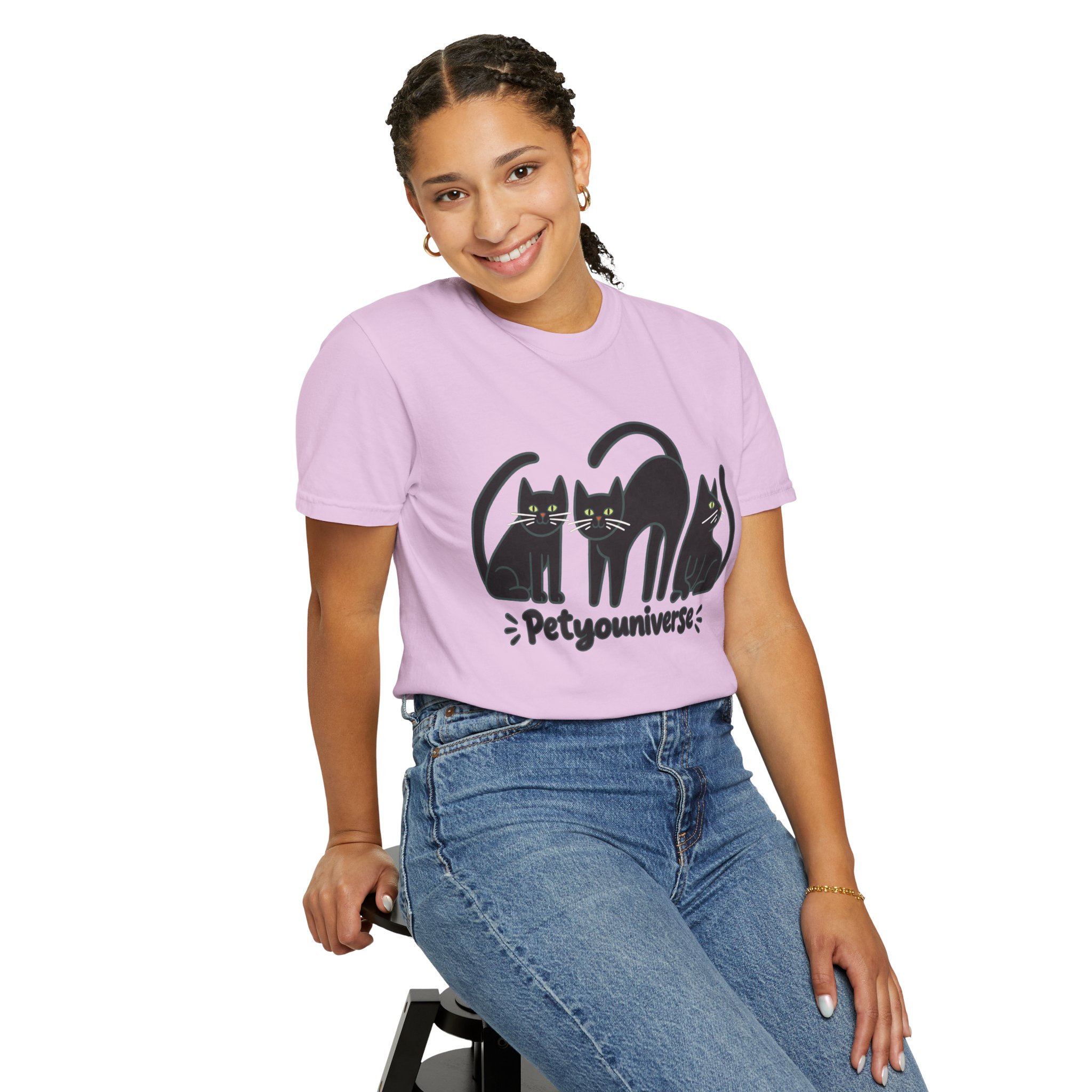 Cat T-Shirt — "Petyouniverse" Black Cat Trio Graphic Tee - Image 114