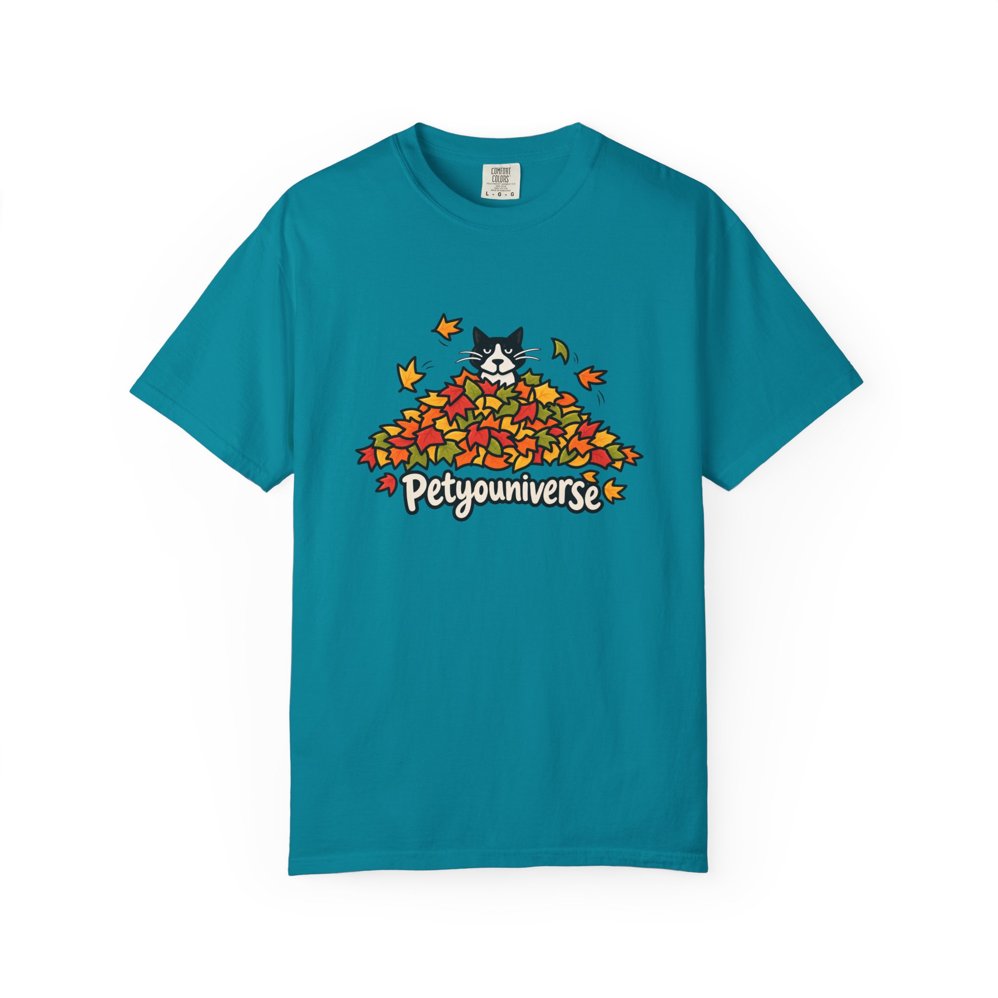 Cat in Leaf Pile T-Shirt — "Petyouniverse" Fall Cat Tee - Image 82