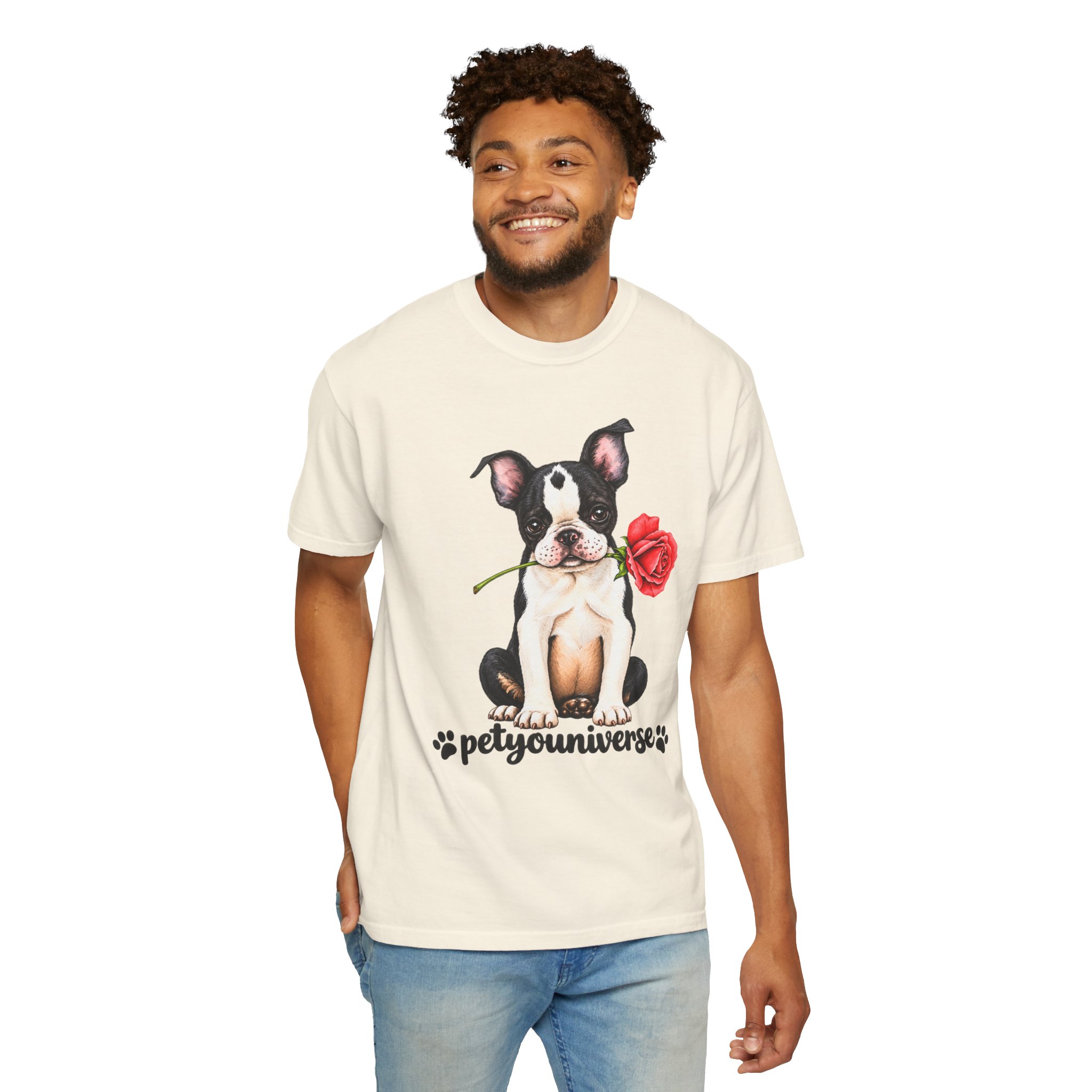 Boston Terrier Puppy Tee – Rose & "PetYoUniverse" Graphic T-Shirt - Image 7