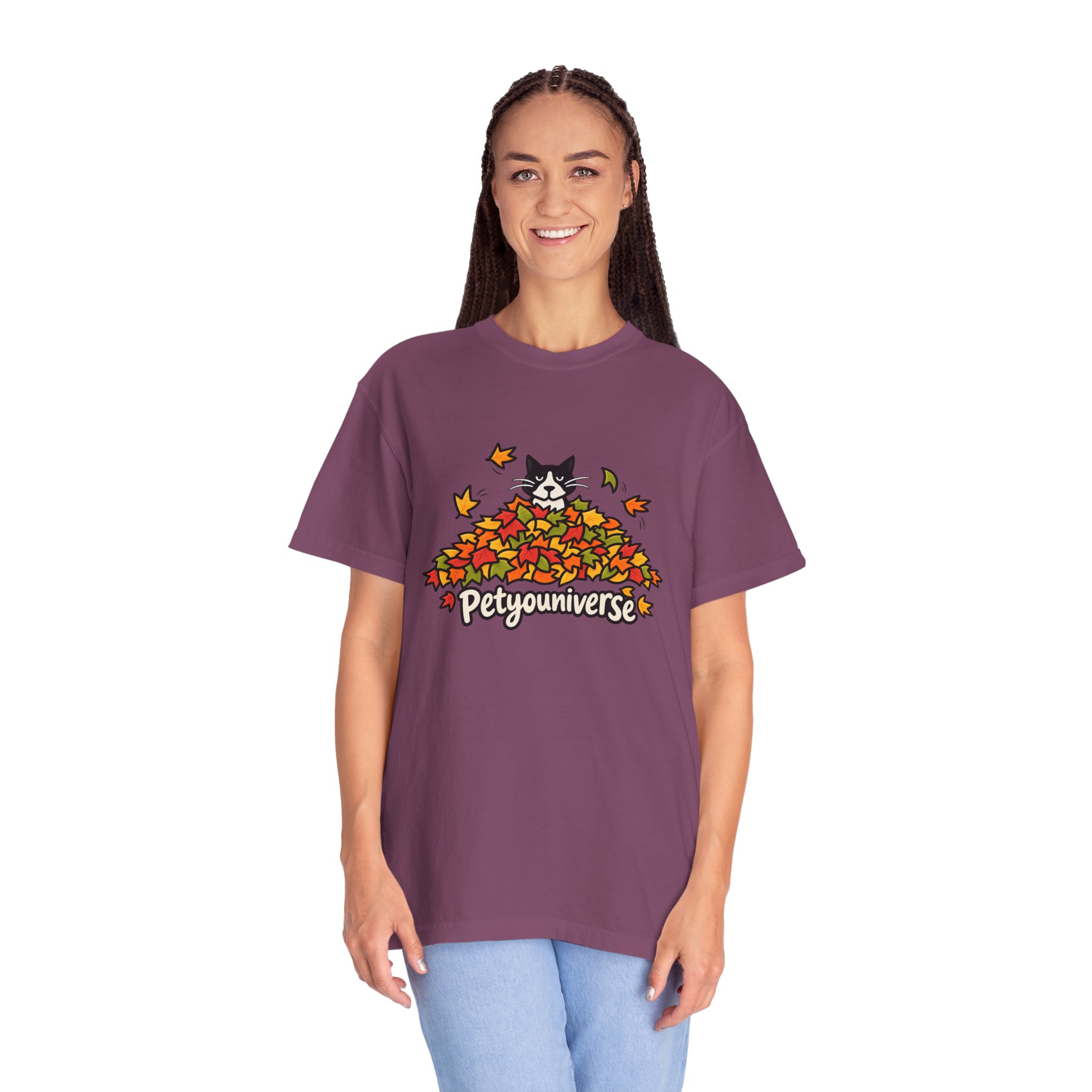 Cat in Leaf Pile T-Shirt — "Petyouniverse" Fall Cat Tee - Image 122