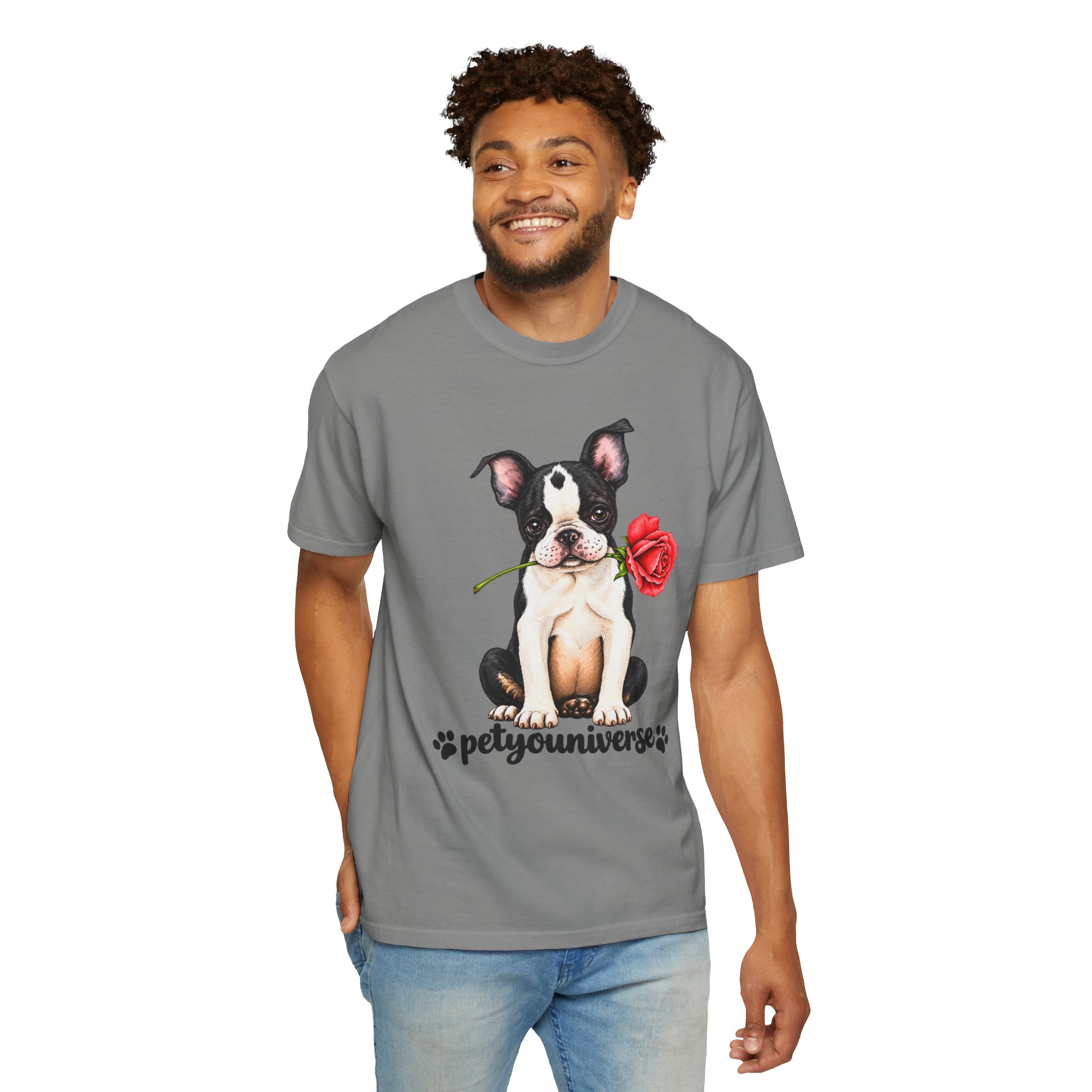 Boston Terrier Puppy Tee – Rose & "PetYoUniverse" Graphic T-Shirt - Image 97