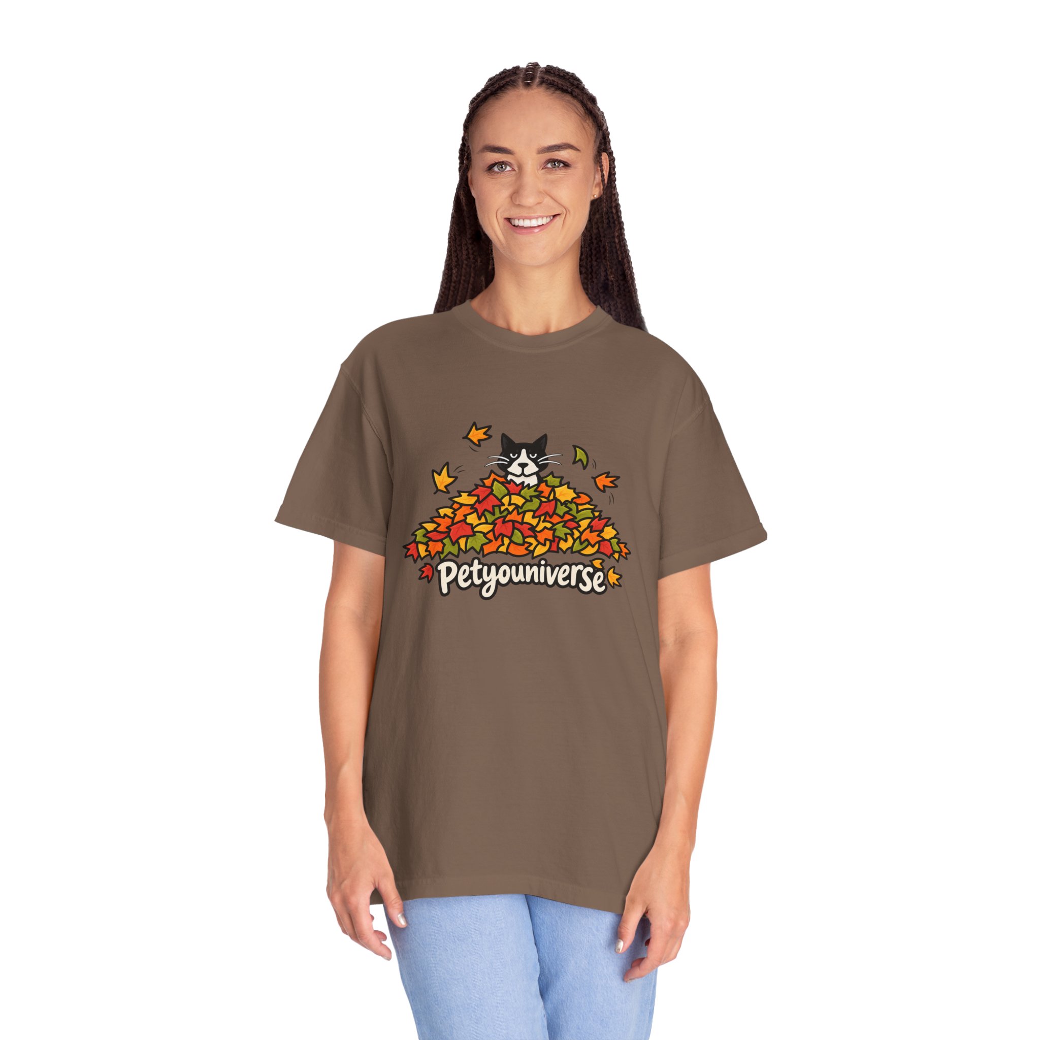 Cat in Leaf Pile T-Shirt — "Petyouniverse" Fall Cat Tee - Image 41