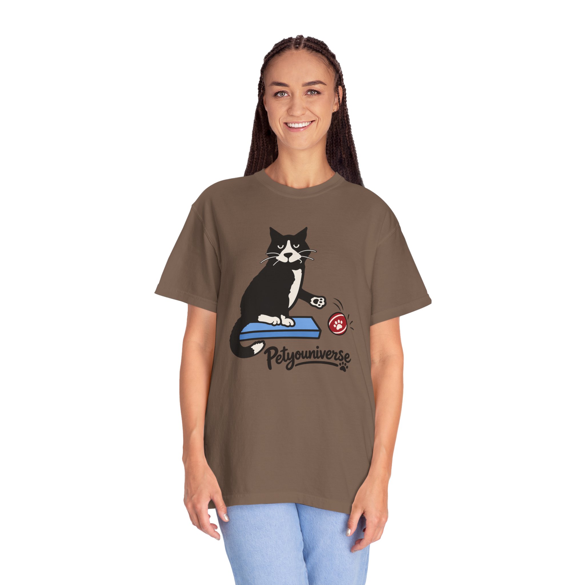 Cat on Scratch Pad Graphic T-Shirt — "Petyouniverse" Cute Paw Play Tee - Image 50