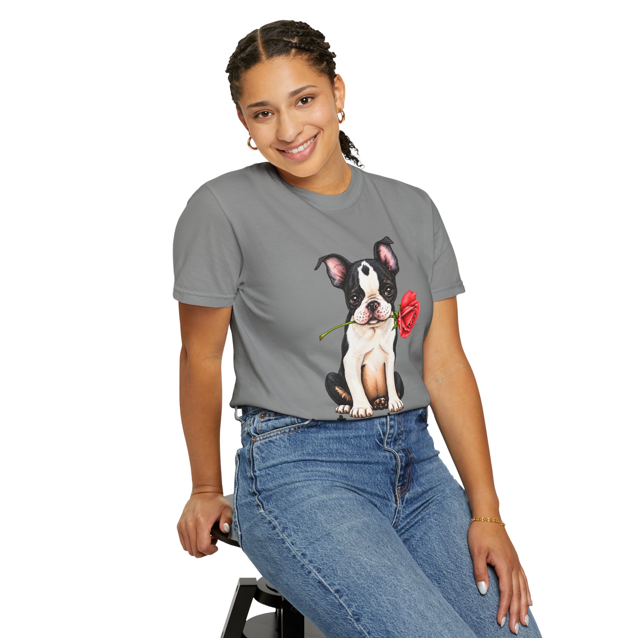 Boston Terrier Puppy Tee – Rose & "PetYoUniverse" Graphic T-Shirt - Image 96