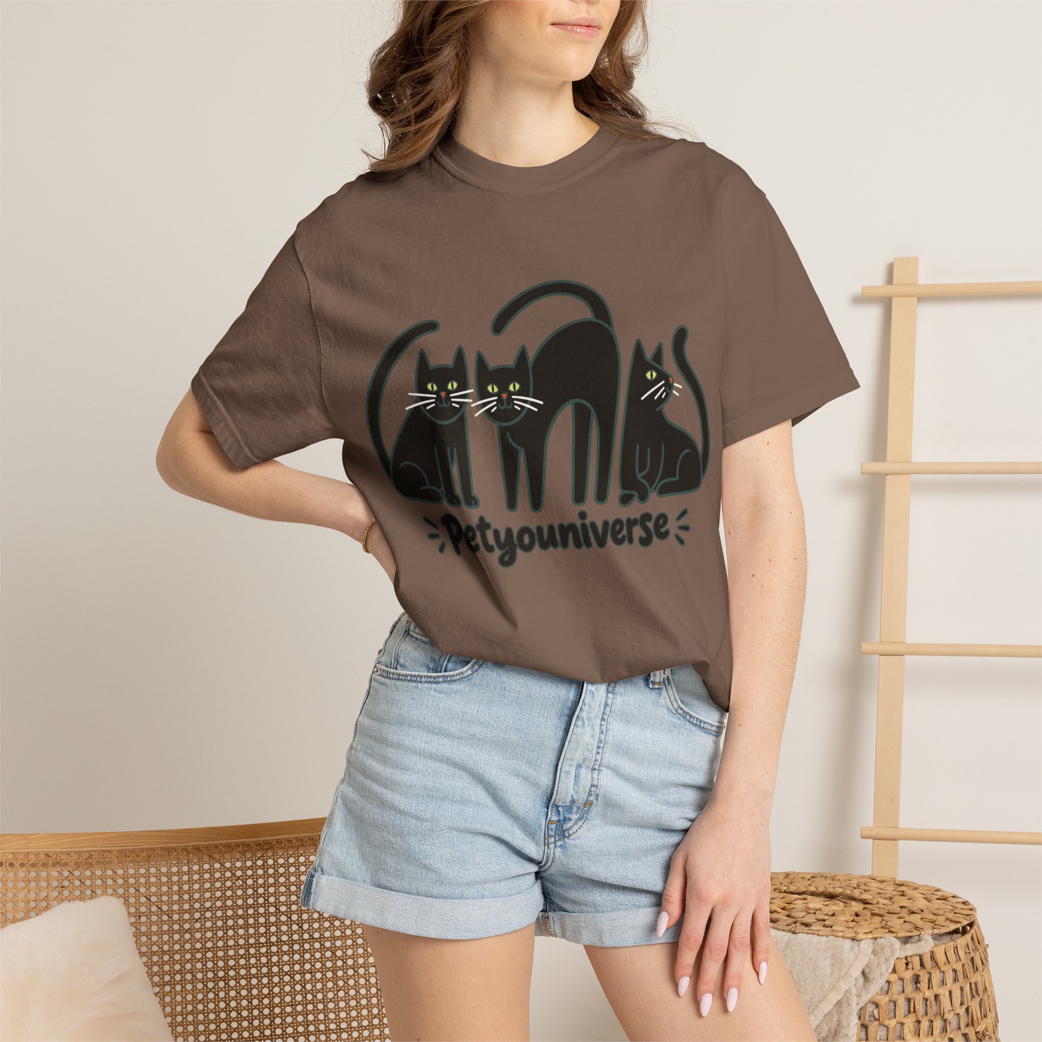 Cat T-Shirt — "Petyouniverse" Black Cat Trio Graphic Tee - Image 47