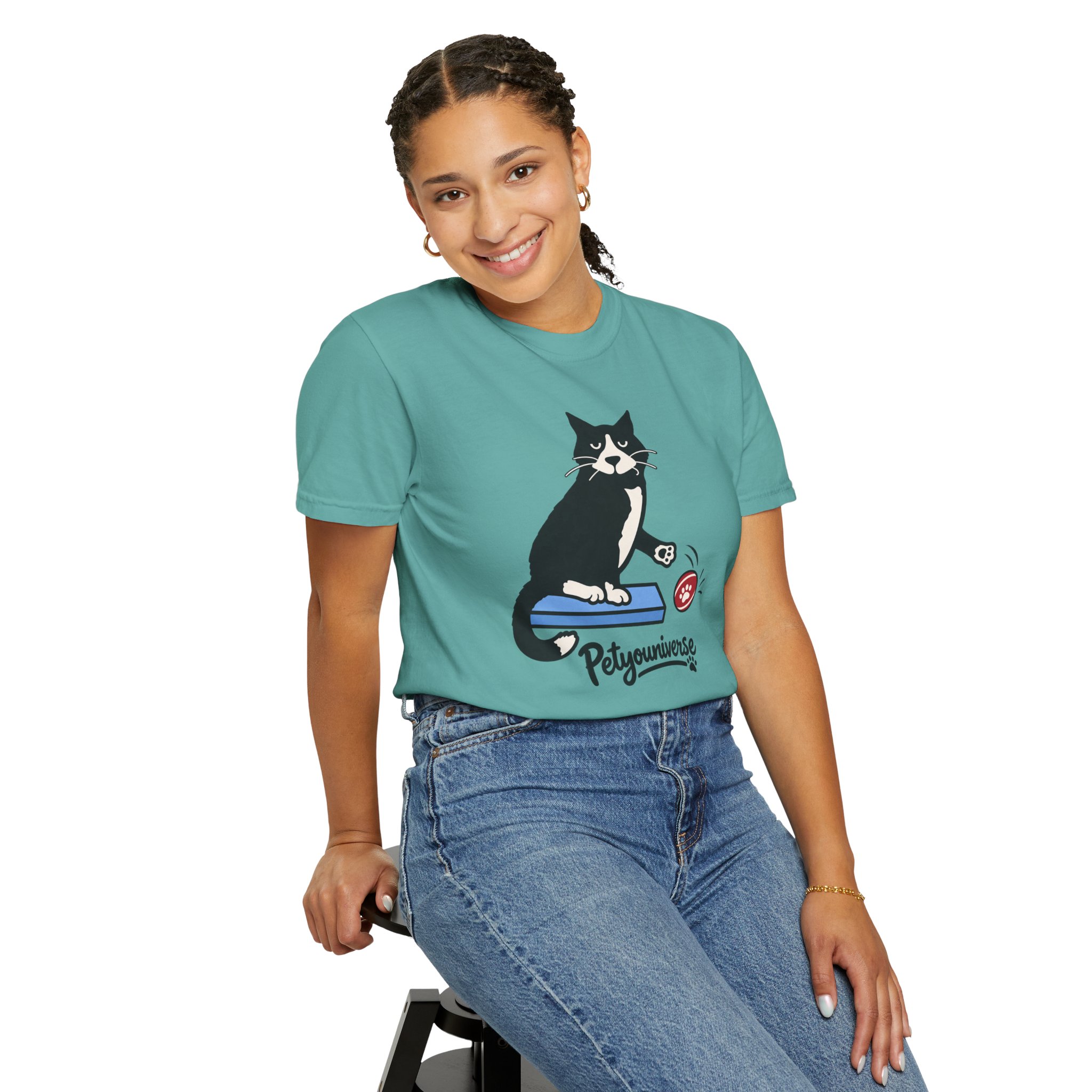 Cat on Scratch Pad Graphic T-Shirt — "Petyouniverse" Cute Paw Play Tee - Image 78