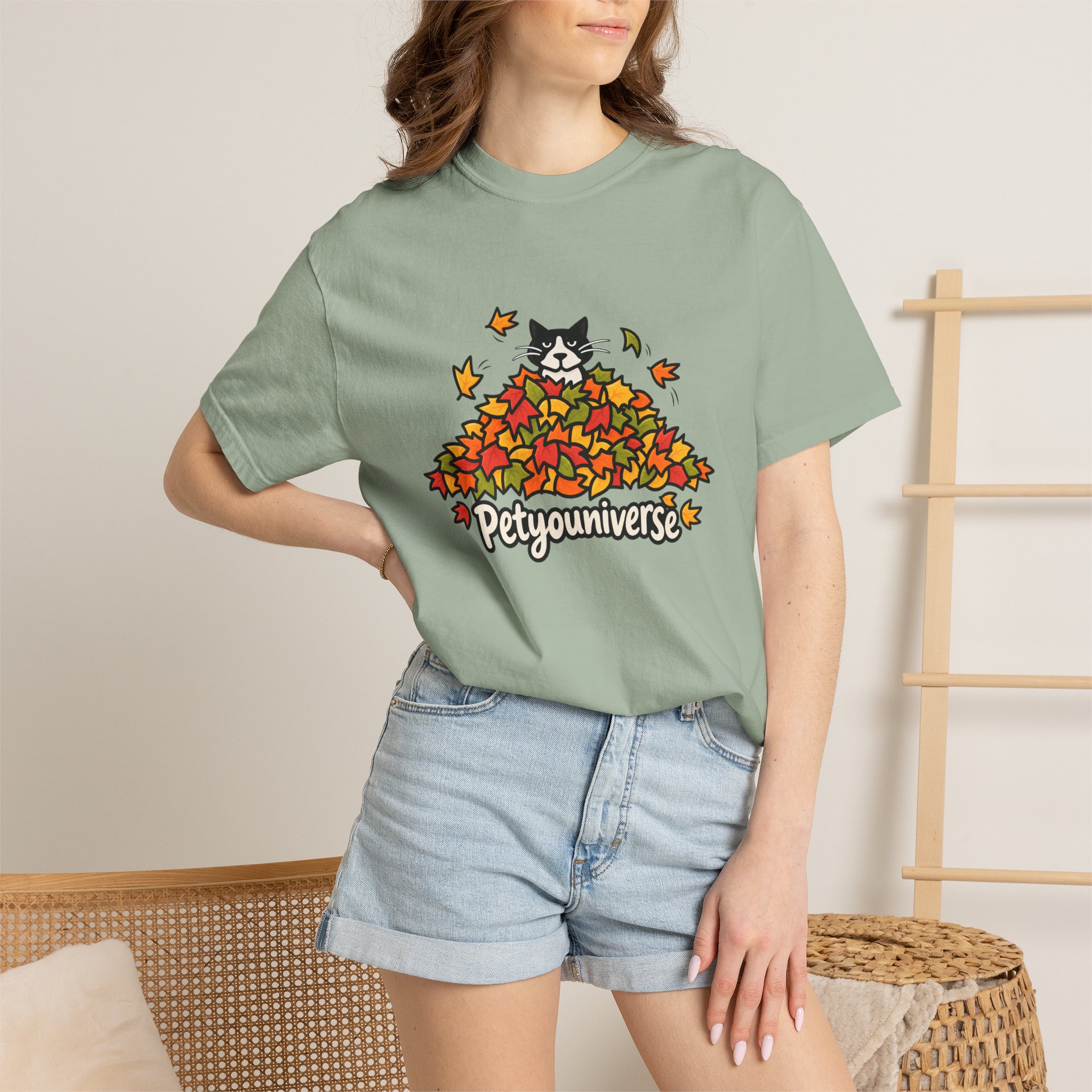 Cat in Leaf Pile T-Shirt — "Petyouniverse" Fall Cat Tee - Image 65