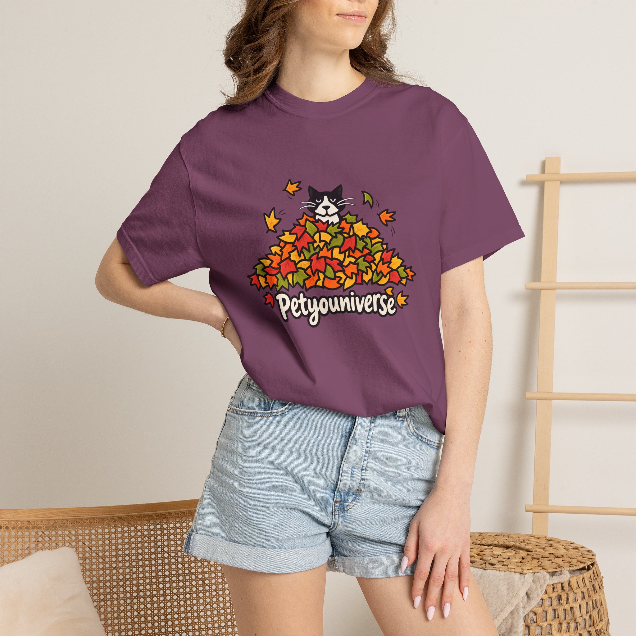Cat in Leaf Pile T-Shirt — "Petyouniverse" Fall Cat Tee - Image 119