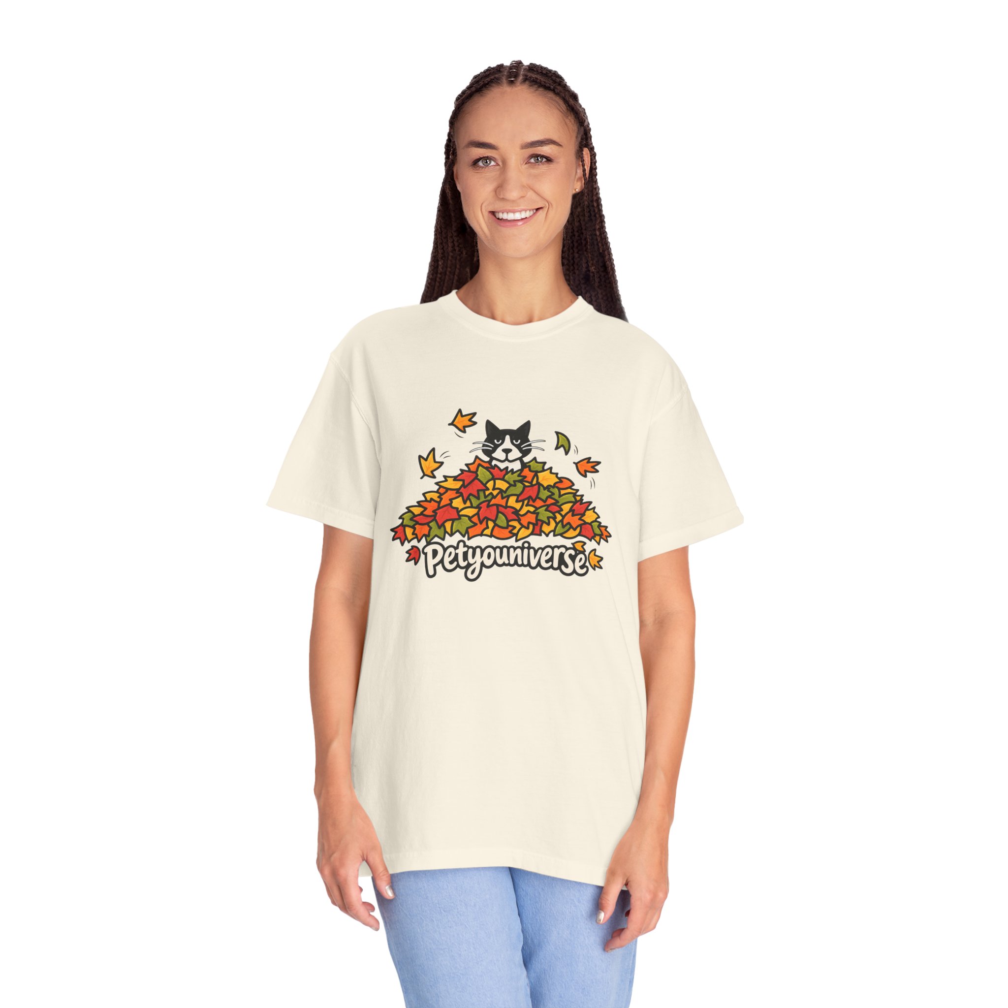 Cat in Leaf Pile T-Shirt — "Petyouniverse" Fall Cat Tee - Image 5
