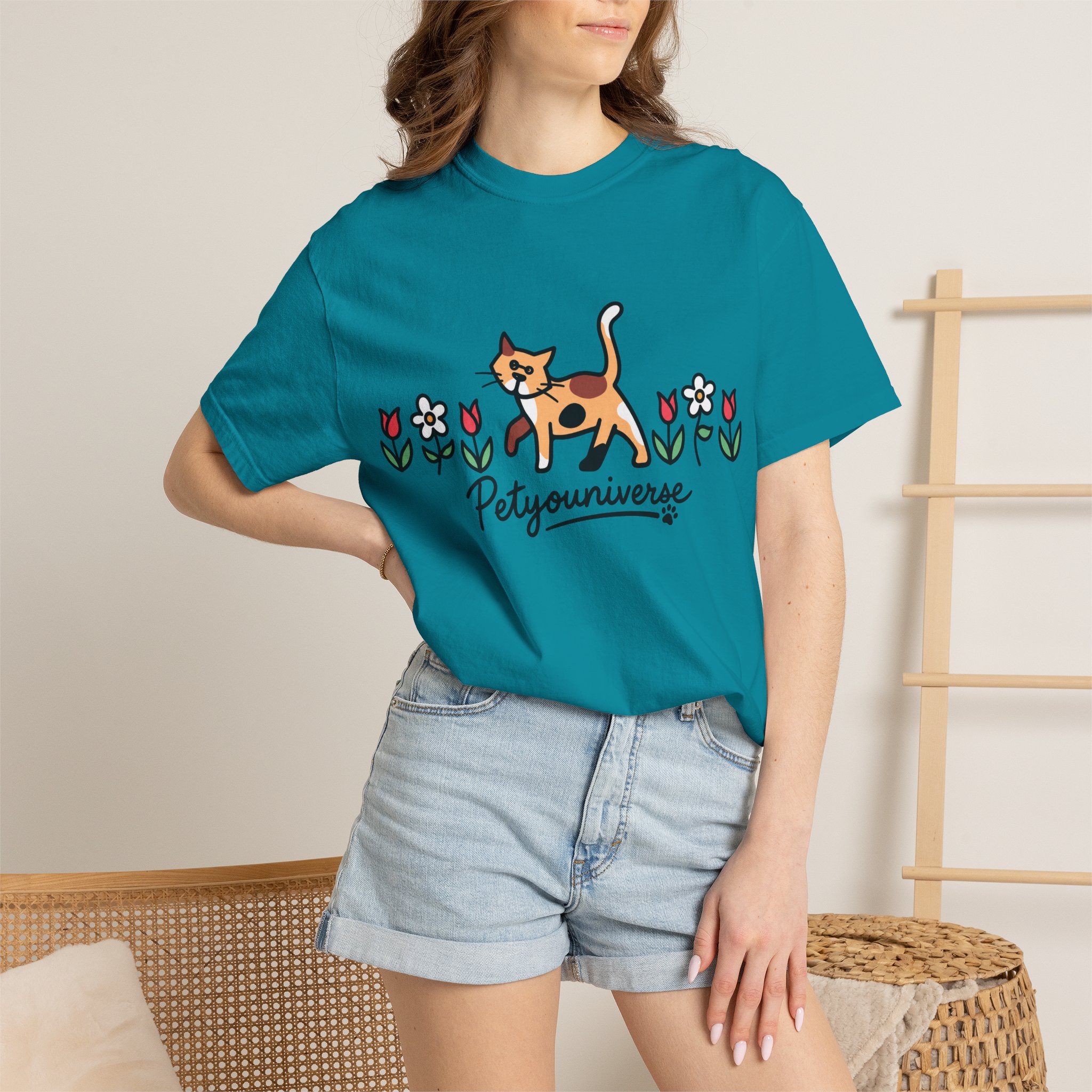 Cat & Flowers T-Shirt — 'Petsyouniverse' Cute Calico Tee - Image 83