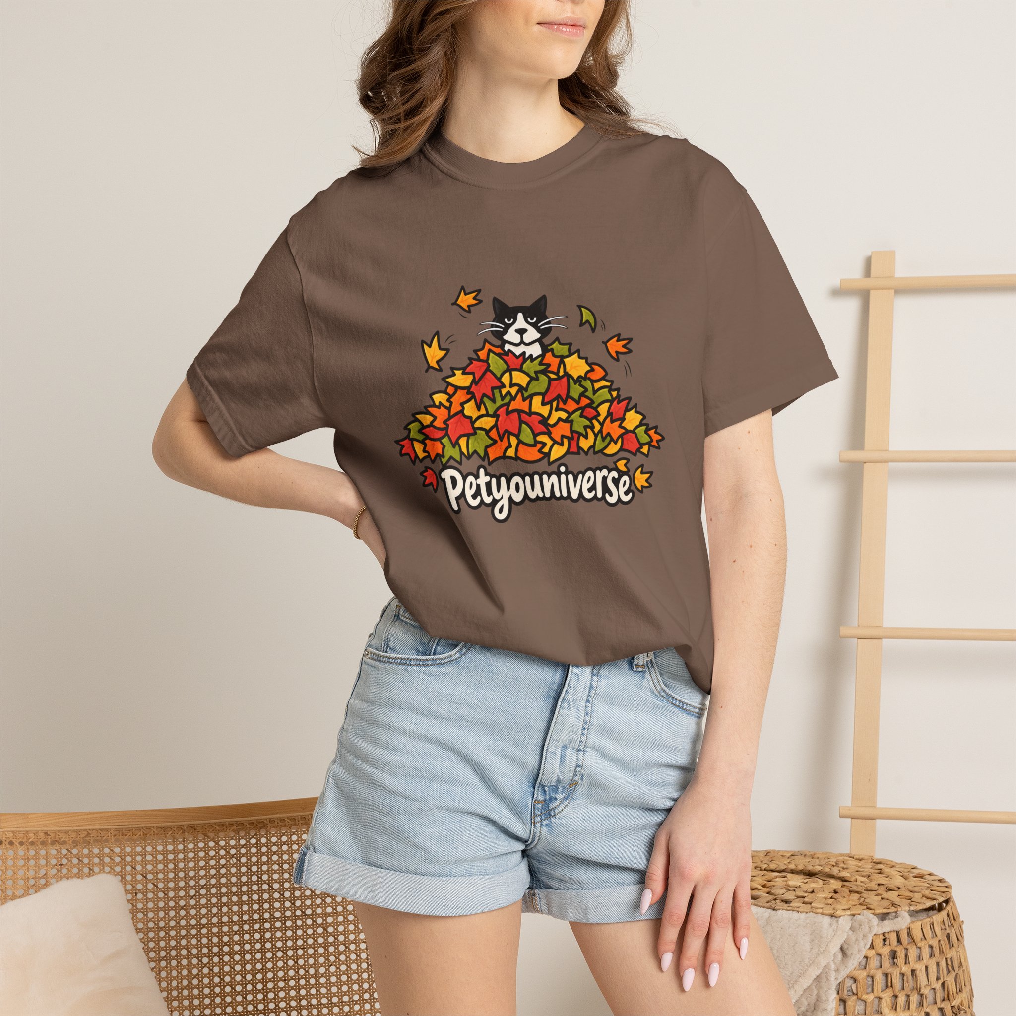 Cat in Leaf Pile T-Shirt — "Petyouniverse" Fall Cat Tee - Image 38