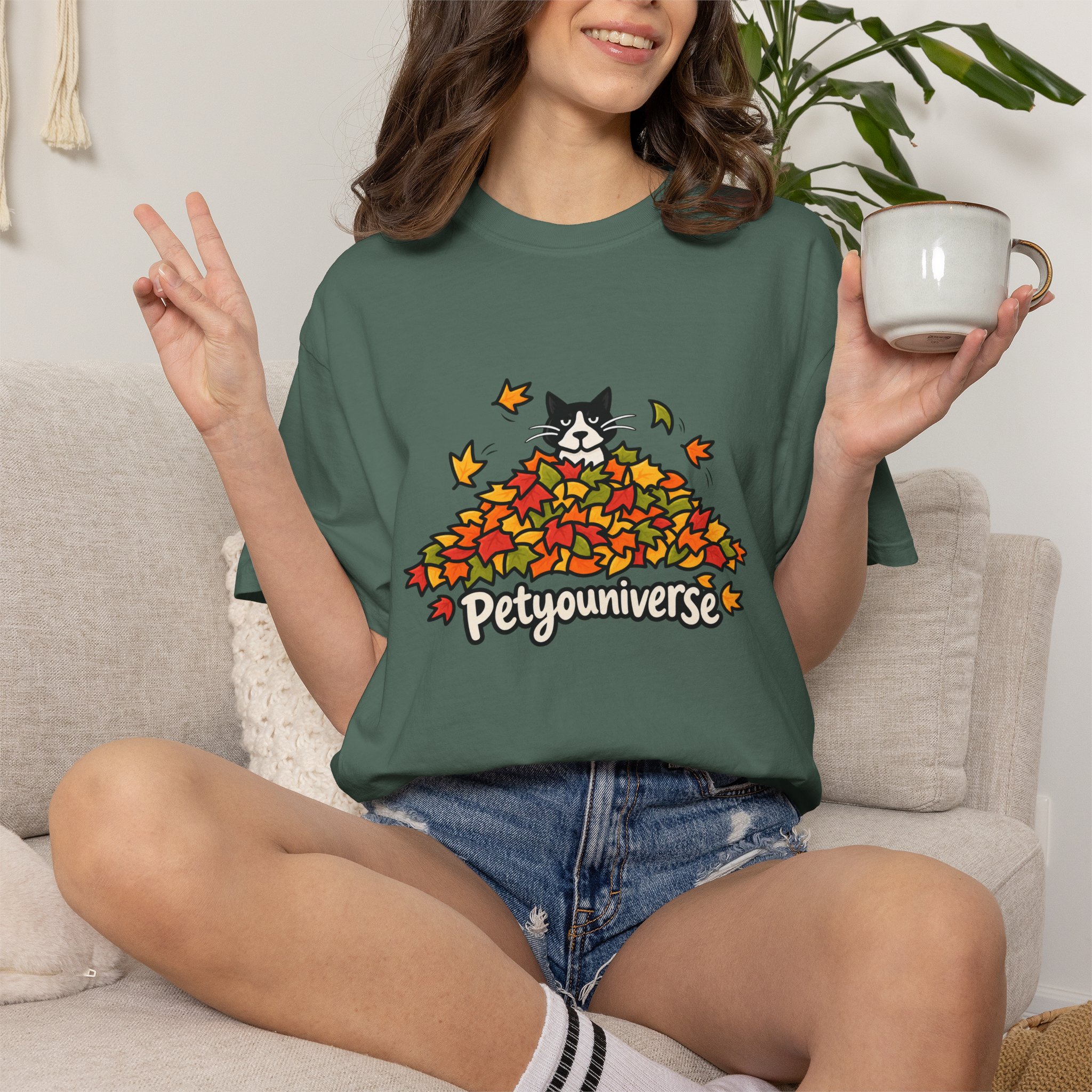 Cat in Leaf Pile T-Shirt — "Petyouniverse" Fall Cat Tee - Image 75