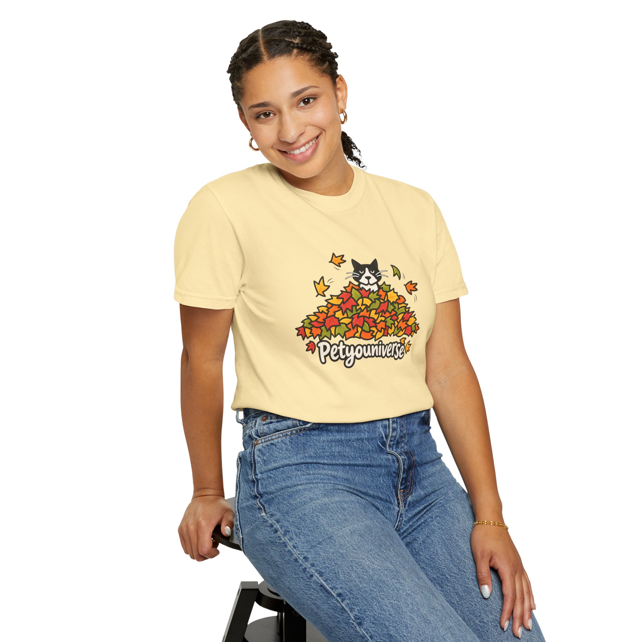 Cat in Leaf Pile T-Shirt — "Petyouniverse" Fall Cat Tee - Image 15