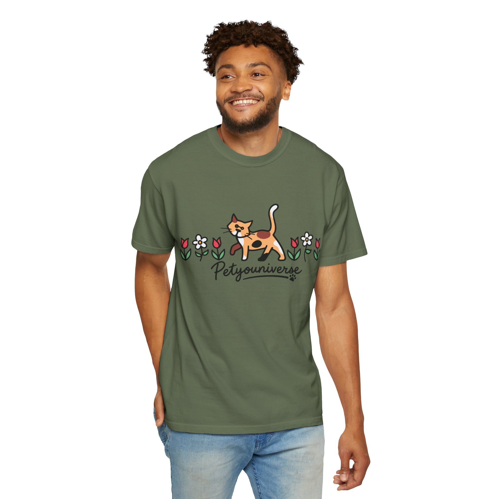 Cat & Flowers T-Shirt — 'Petsyouniverse' Cute Calico Tee - Image 61