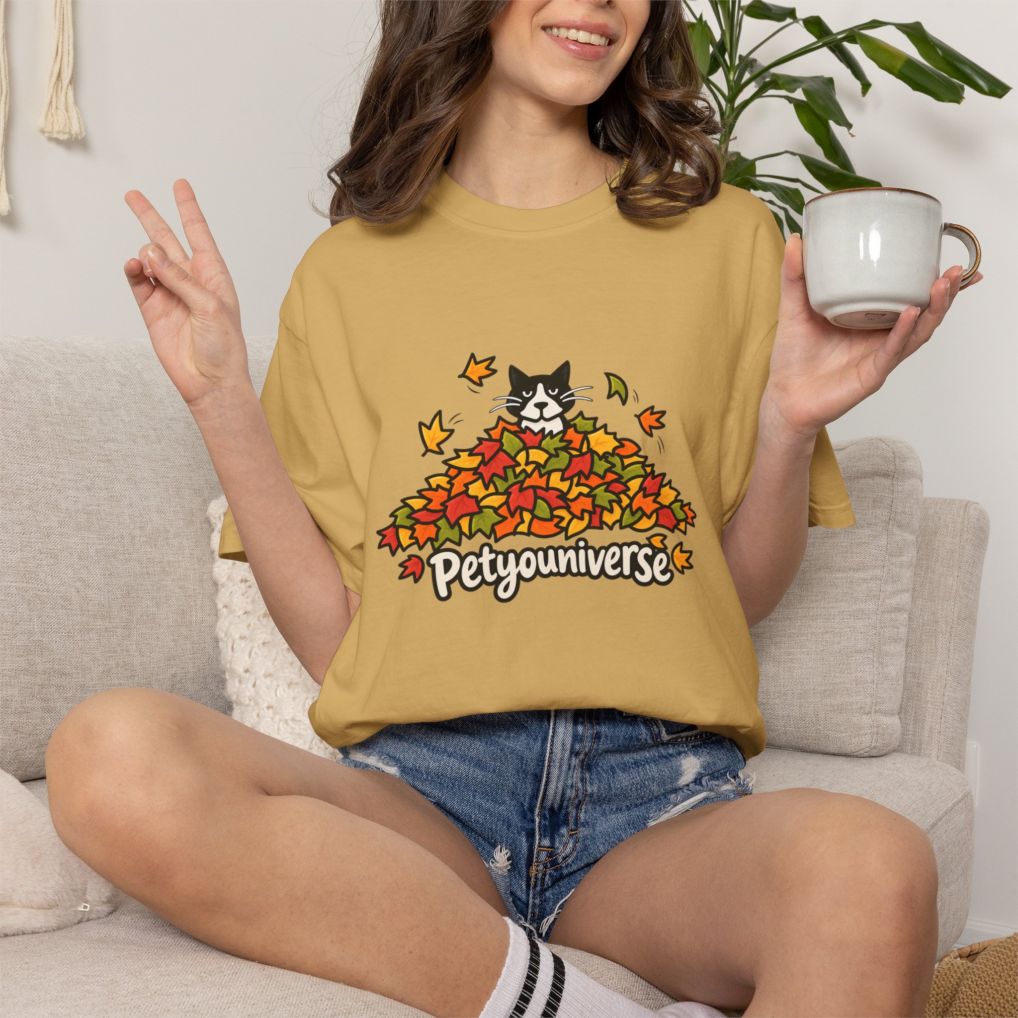 Cat in Leaf Pile T-Shirt — "Petyouniverse" Fall Cat Tee - Image 21