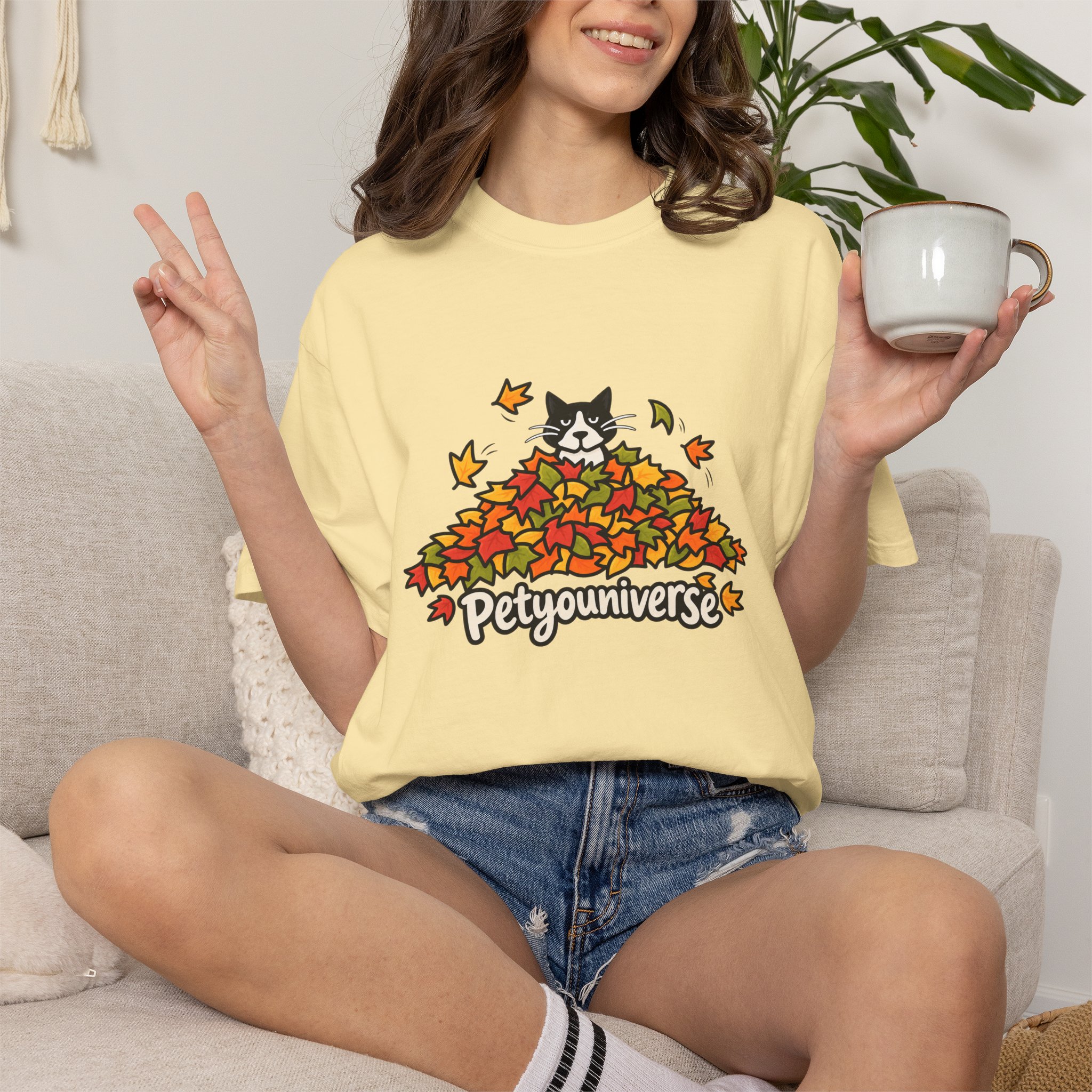 Cat in Leaf Pile T-Shirt — "Petyouniverse" Fall Cat Tee - Image 12