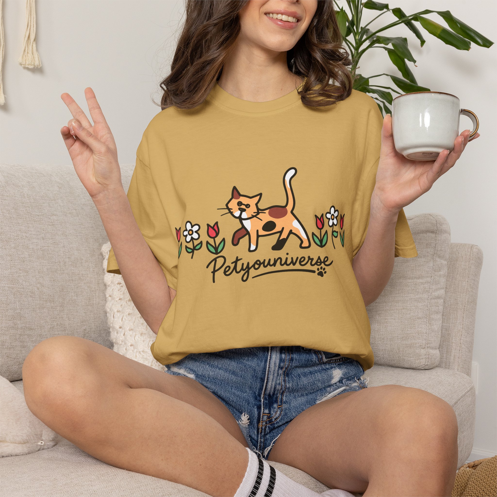 Cat & Flowers T-Shirt — 'Petsyouniverse' Cute Calico Tee - Image 12