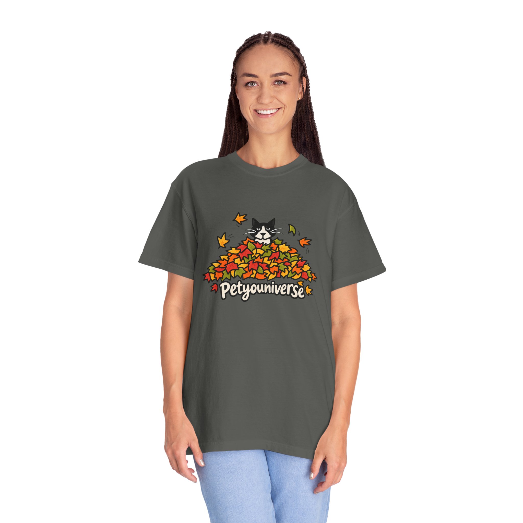 Cat in Leaf Pile T-Shirt — "Petyouniverse" Fall Cat Tee - Image 50