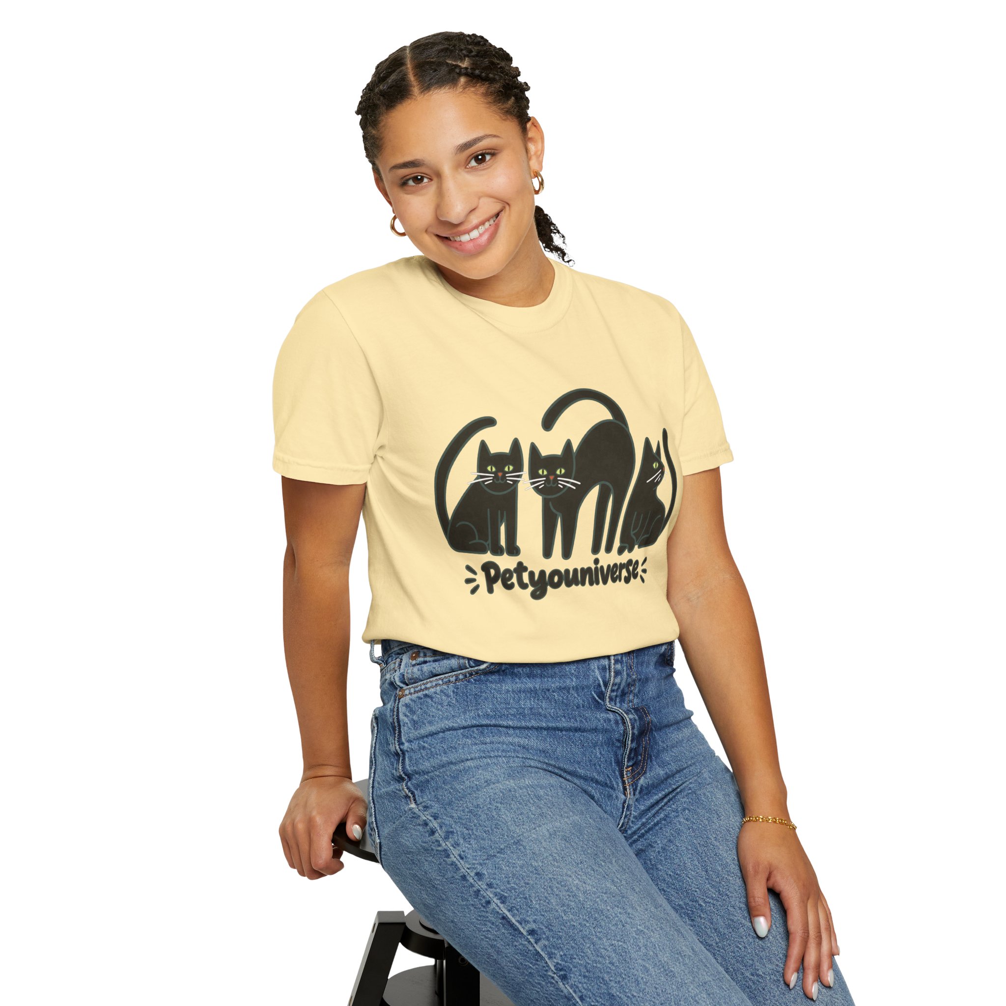 Cat T-Shirt — "Petyouniverse" Black Cat Trio Graphic Tee - Image 24