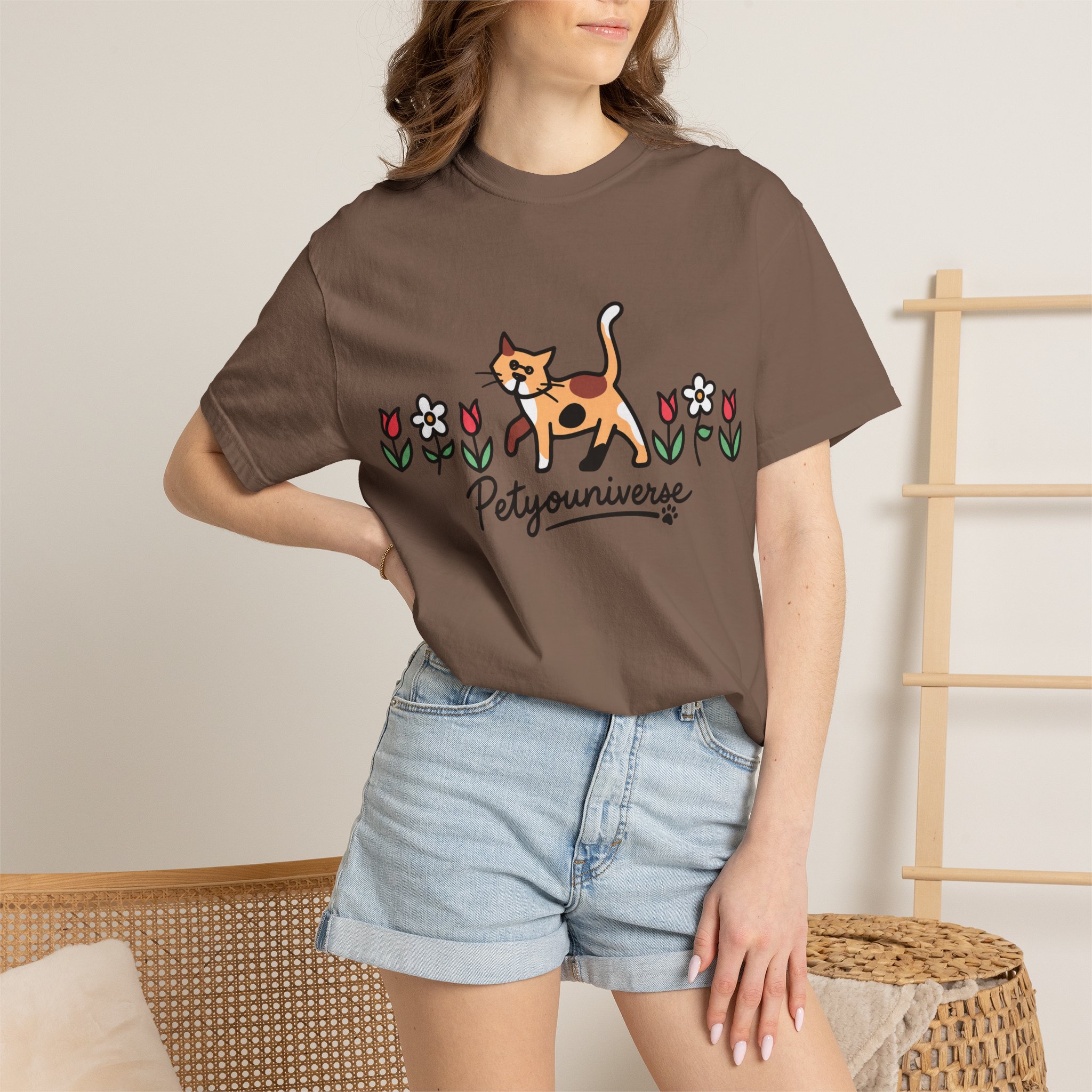 Cat & Flowers T-Shirt — 'Petsyouniverse' Cute Calico Tee - Image 38