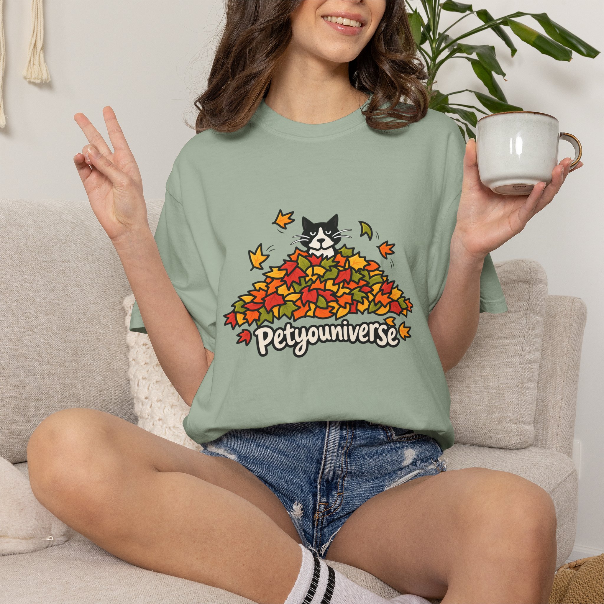 Cat in Leaf Pile T-Shirt — "Petyouniverse" Fall Cat Tee - Image 66