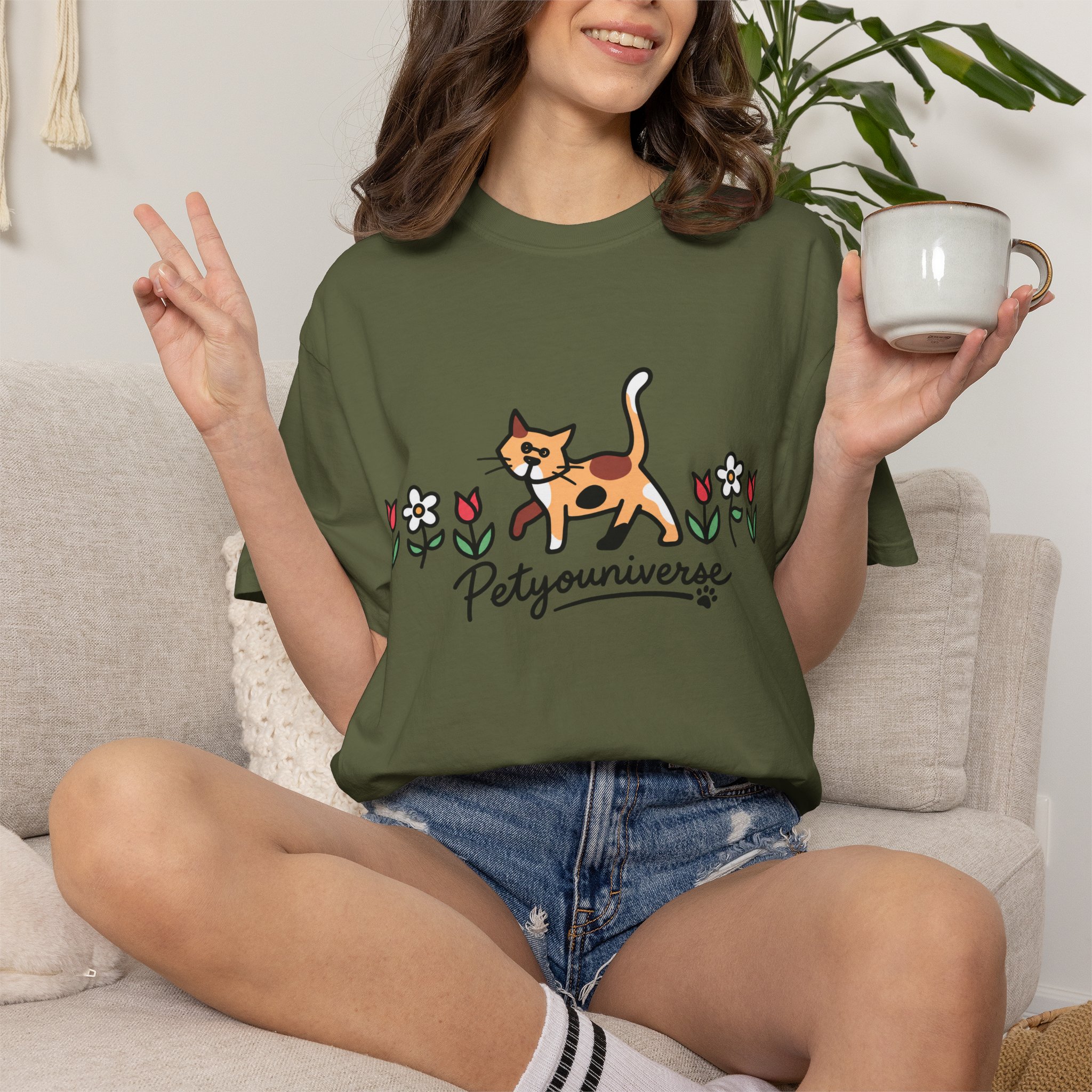 Cat & Flowers T-Shirt — 'Petsyouniverse' Cute Calico Tee - Image 66