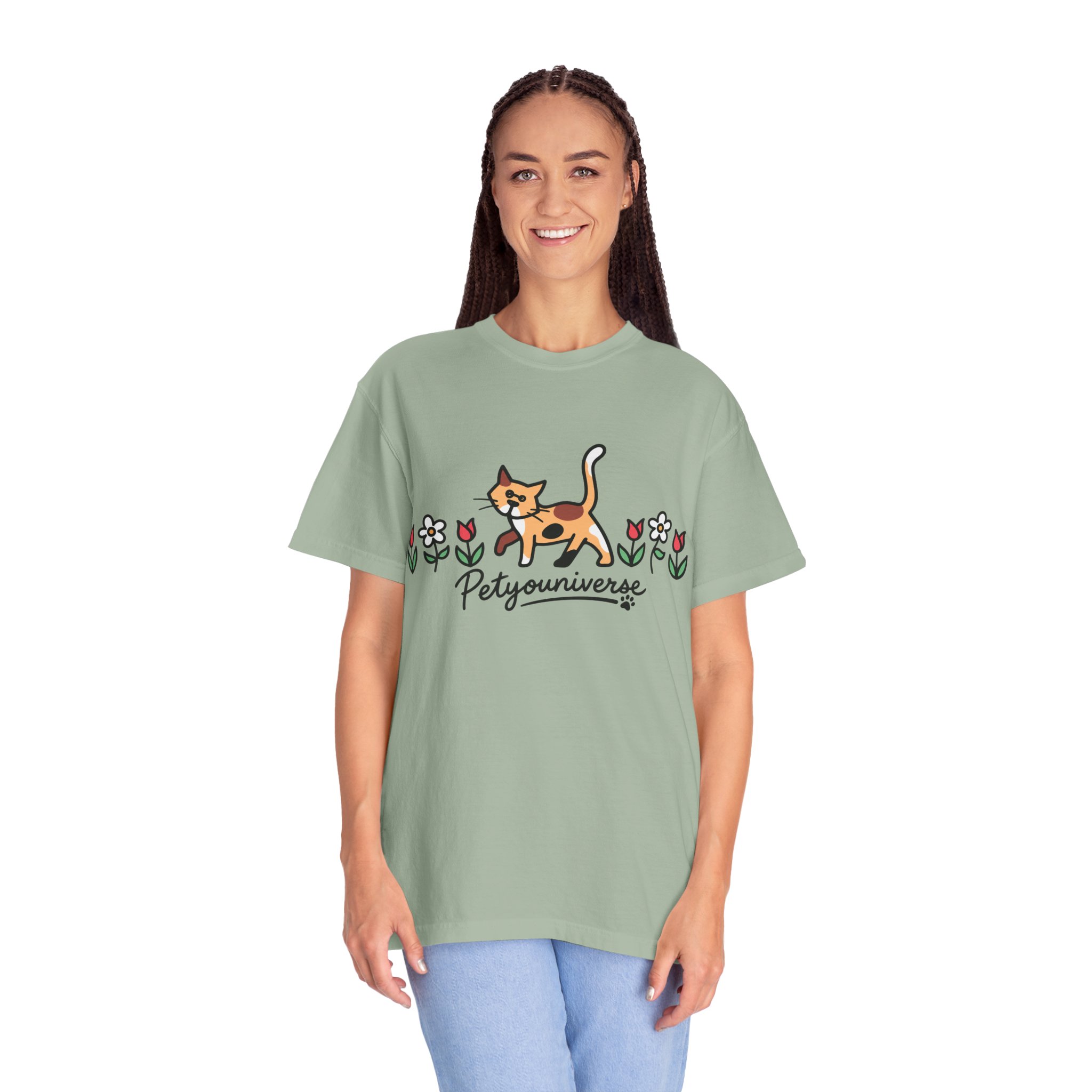 Cat & Flowers T-Shirt — 'Petsyouniverse' Cute Calico Tee - Image 77