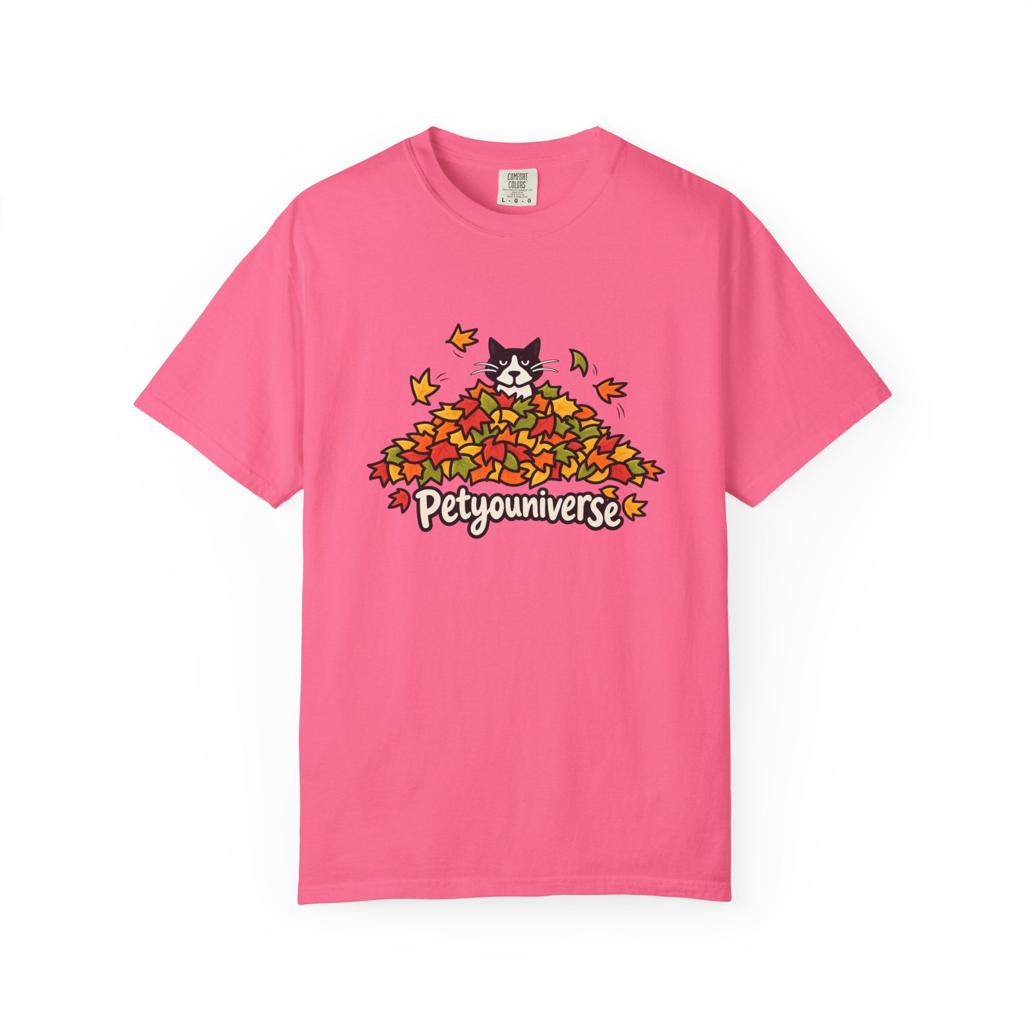 Cat in Leaf Pile T-Shirt — "Petyouniverse" Fall Cat Tee - Image 109
