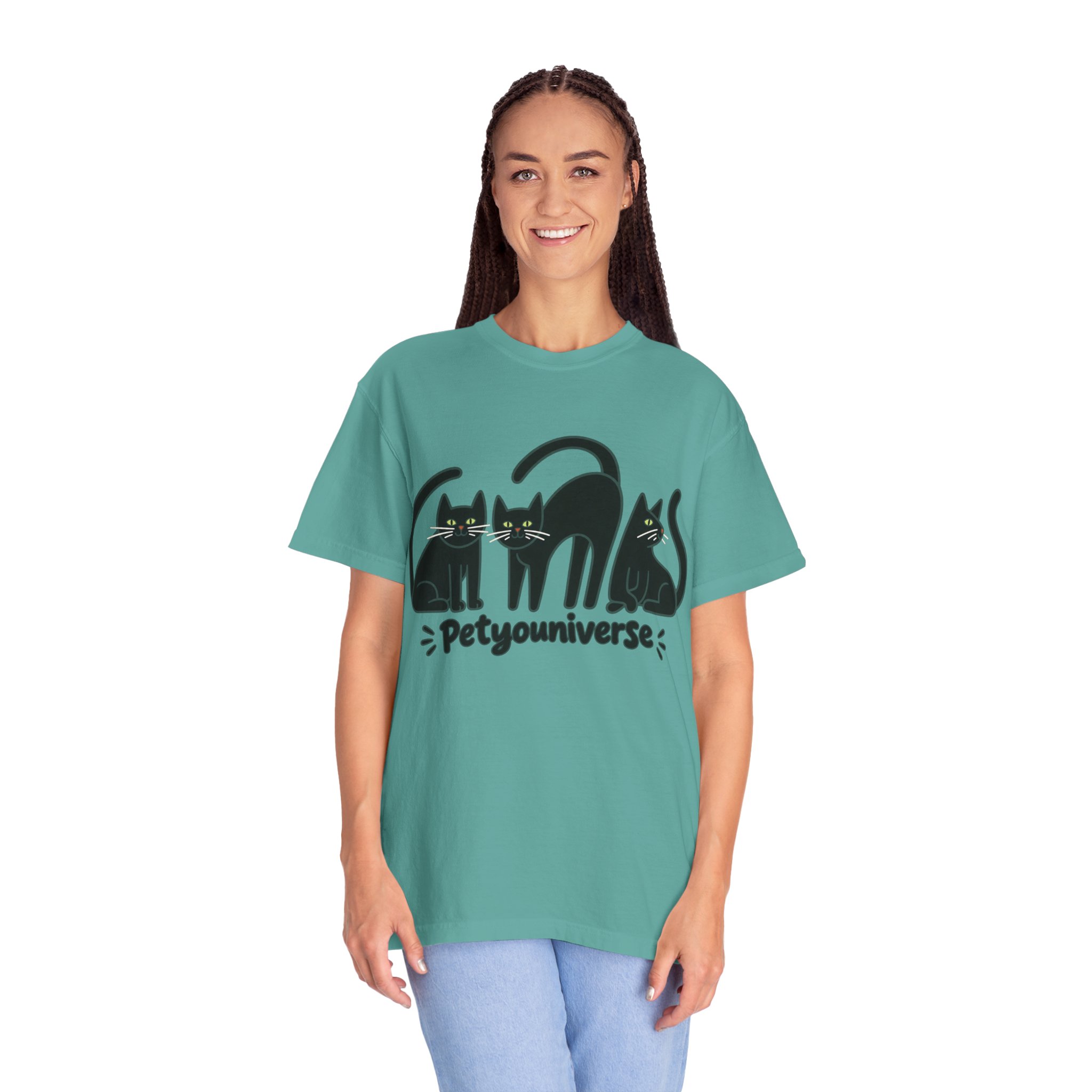 Cat T-Shirt — "Petyouniverse" Black Cat Trio Graphic Tee - Image 95