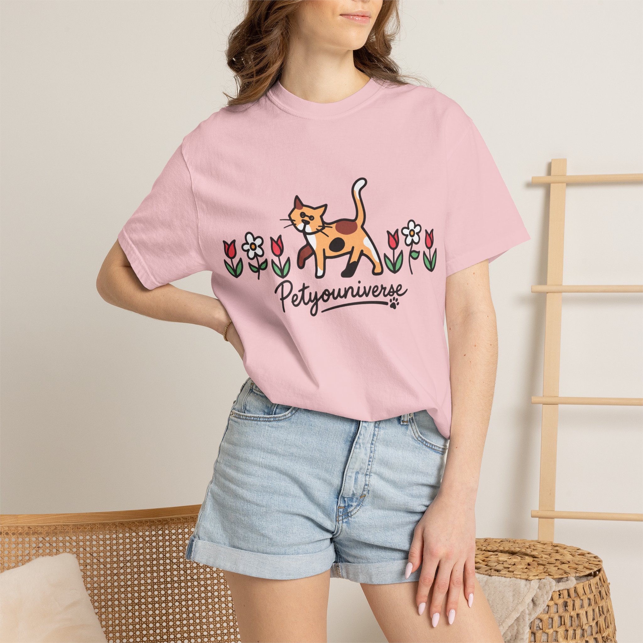 Cat & Flowers T-Shirt — 'Petsyouniverse' Cute Calico Tee - Image 110