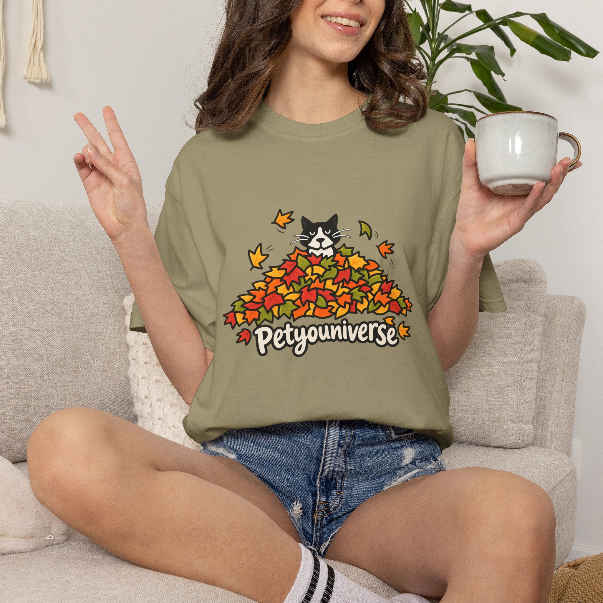 Cat in Leaf Pile T-Shirt — "Petyouniverse" Fall Cat Tee - Image 30