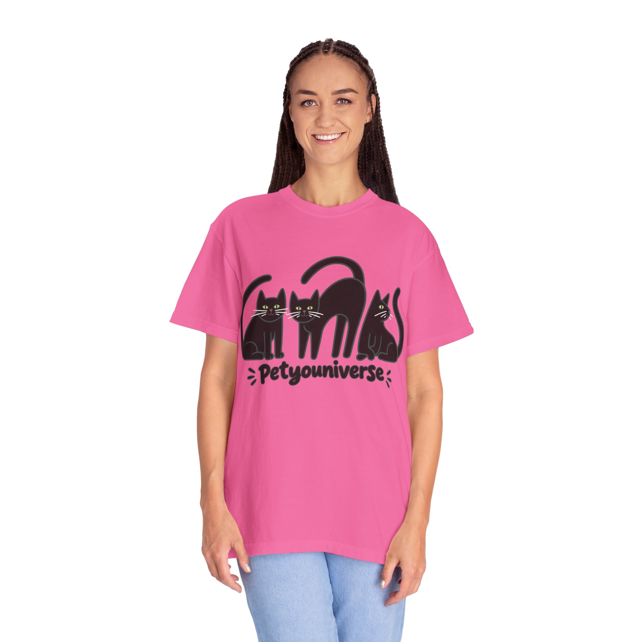 Cat T-Shirt — "Petyouniverse" Black Cat Trio Graphic Tee - Image 131