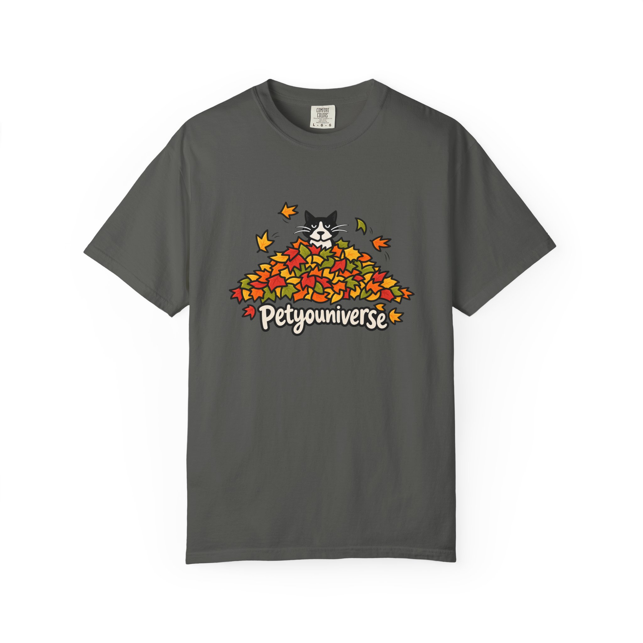 Cat in Leaf Pile T-Shirt — "Petyouniverse" Fall Cat Tee - Image 46