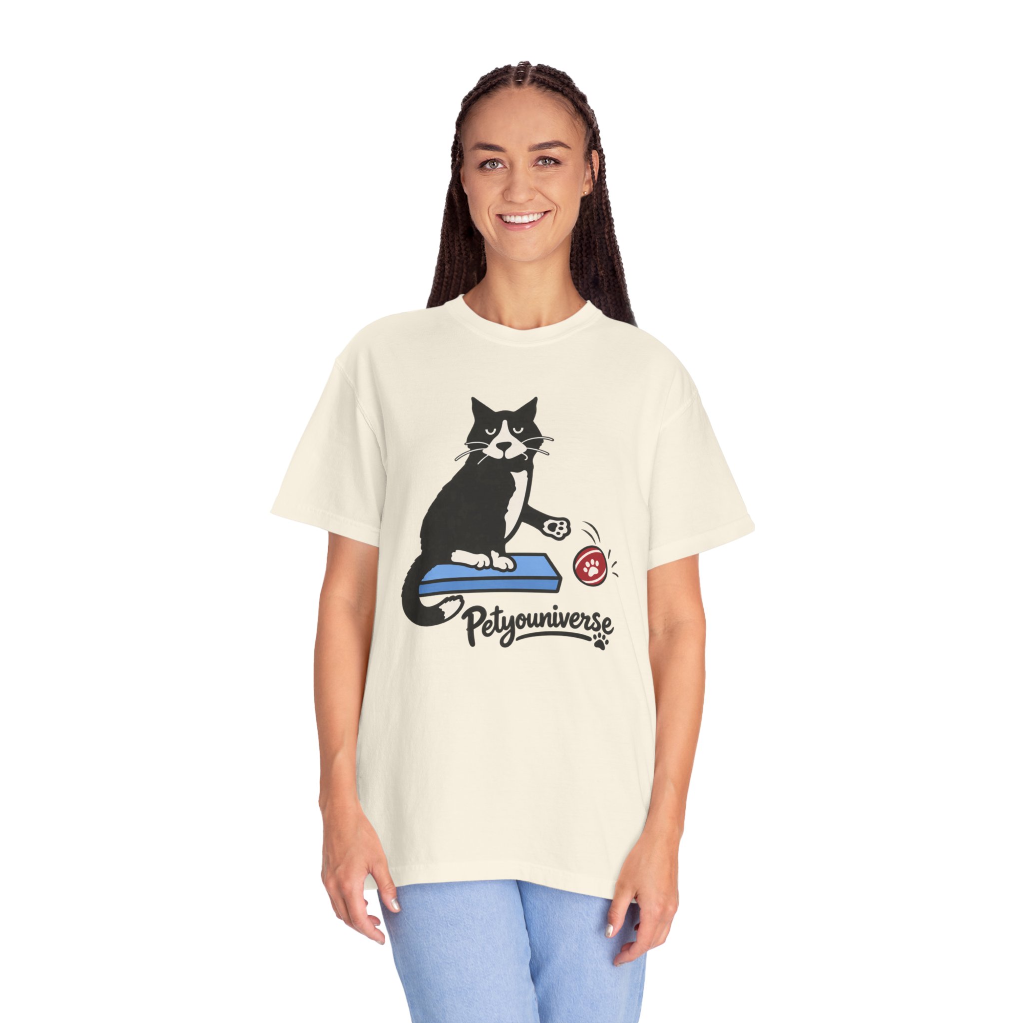 Cat on Scratch Pad Graphic T-Shirt — "Petyouniverse" Cute Paw Play Tee - Image 23