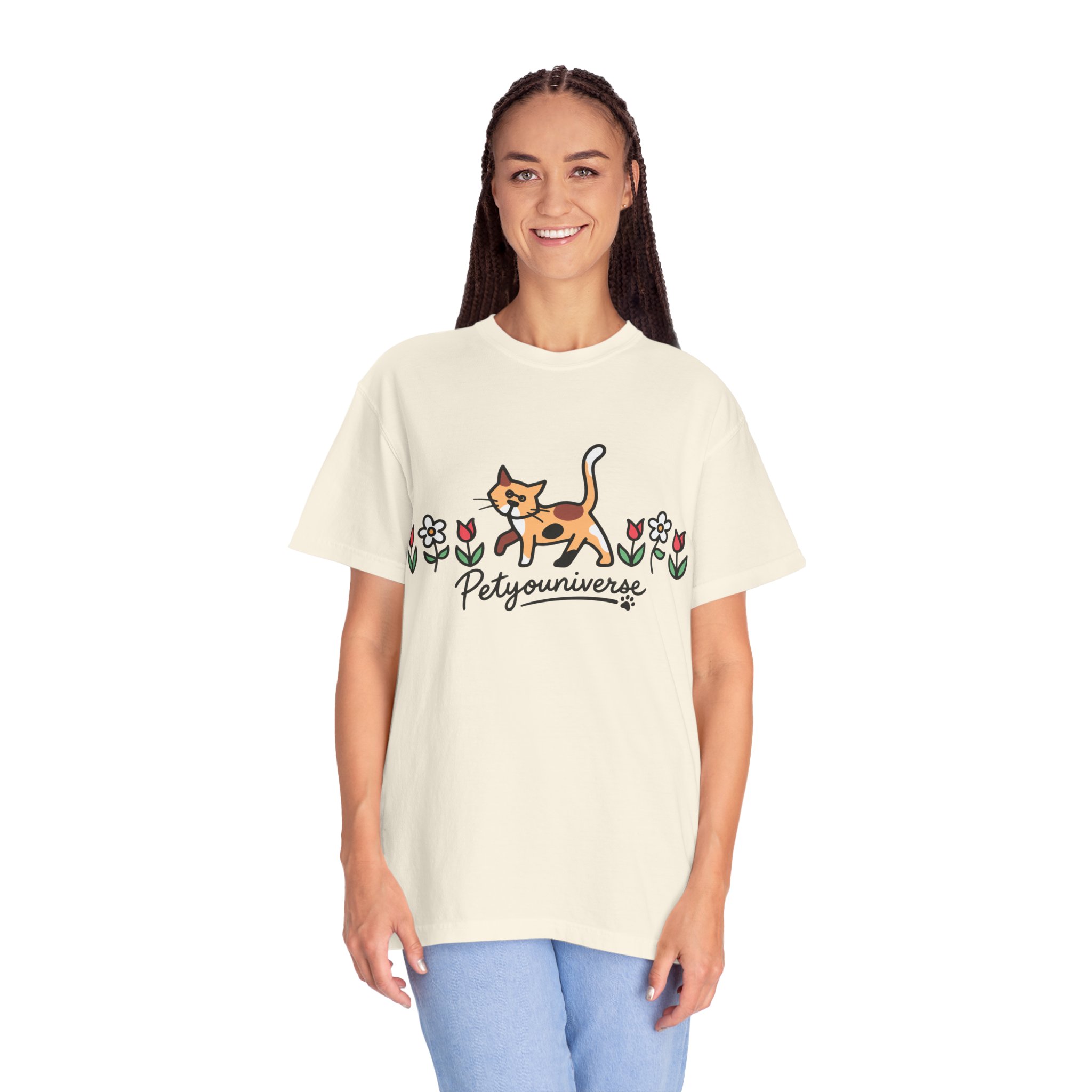 Cat & Flowers T-Shirt — 'Petsyouniverse' Cute Calico Tee - Image 5