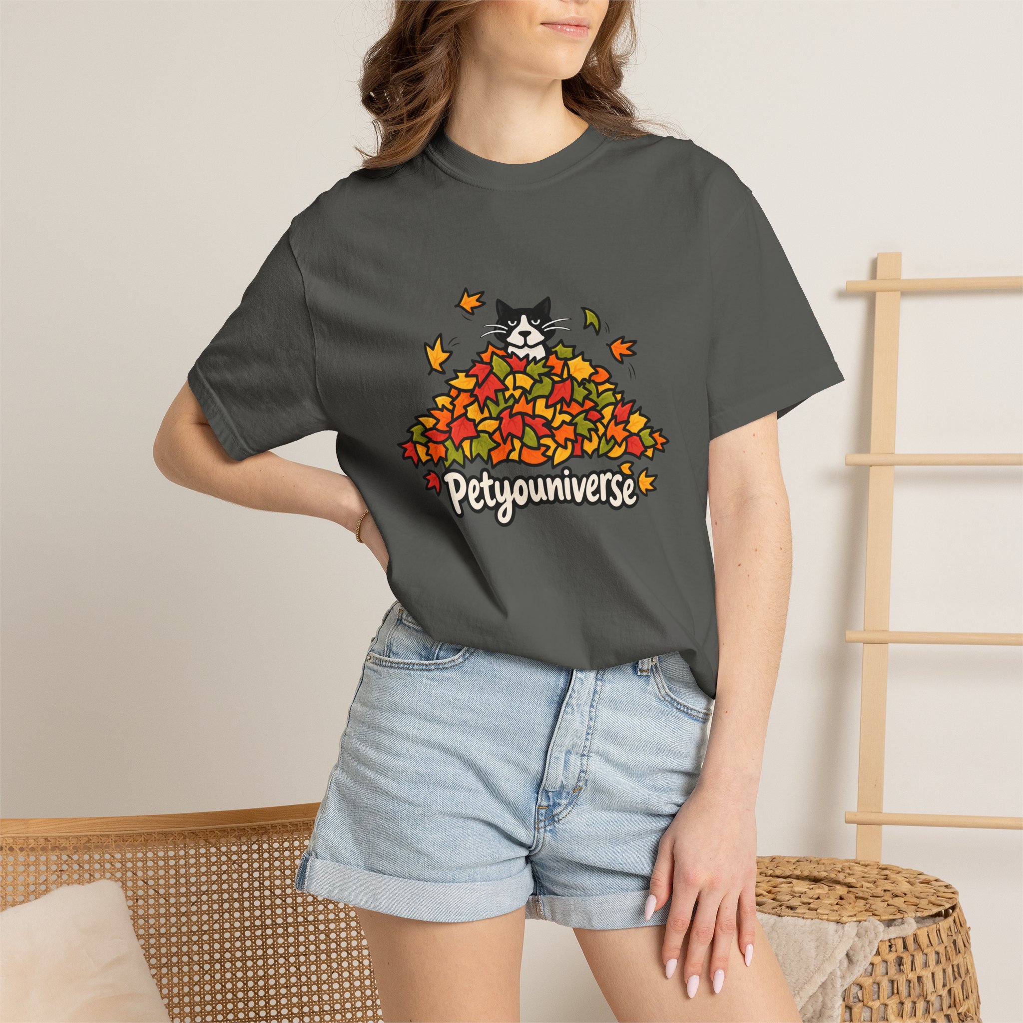 Cat in Leaf Pile T-Shirt — "Petyouniverse" Fall Cat Tee - Image 47