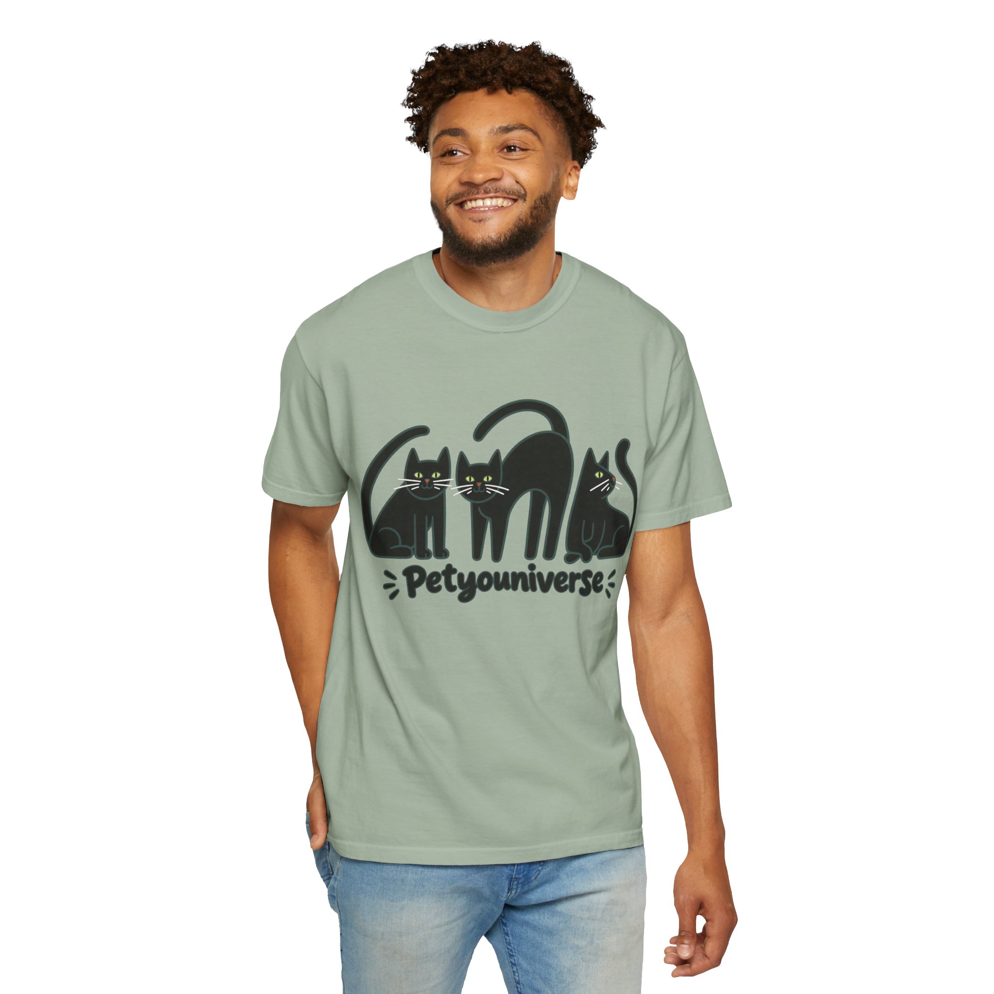 Cat T-Shirt — "Petyouniverse" Black Cat Trio Graphic Tee - Image 70