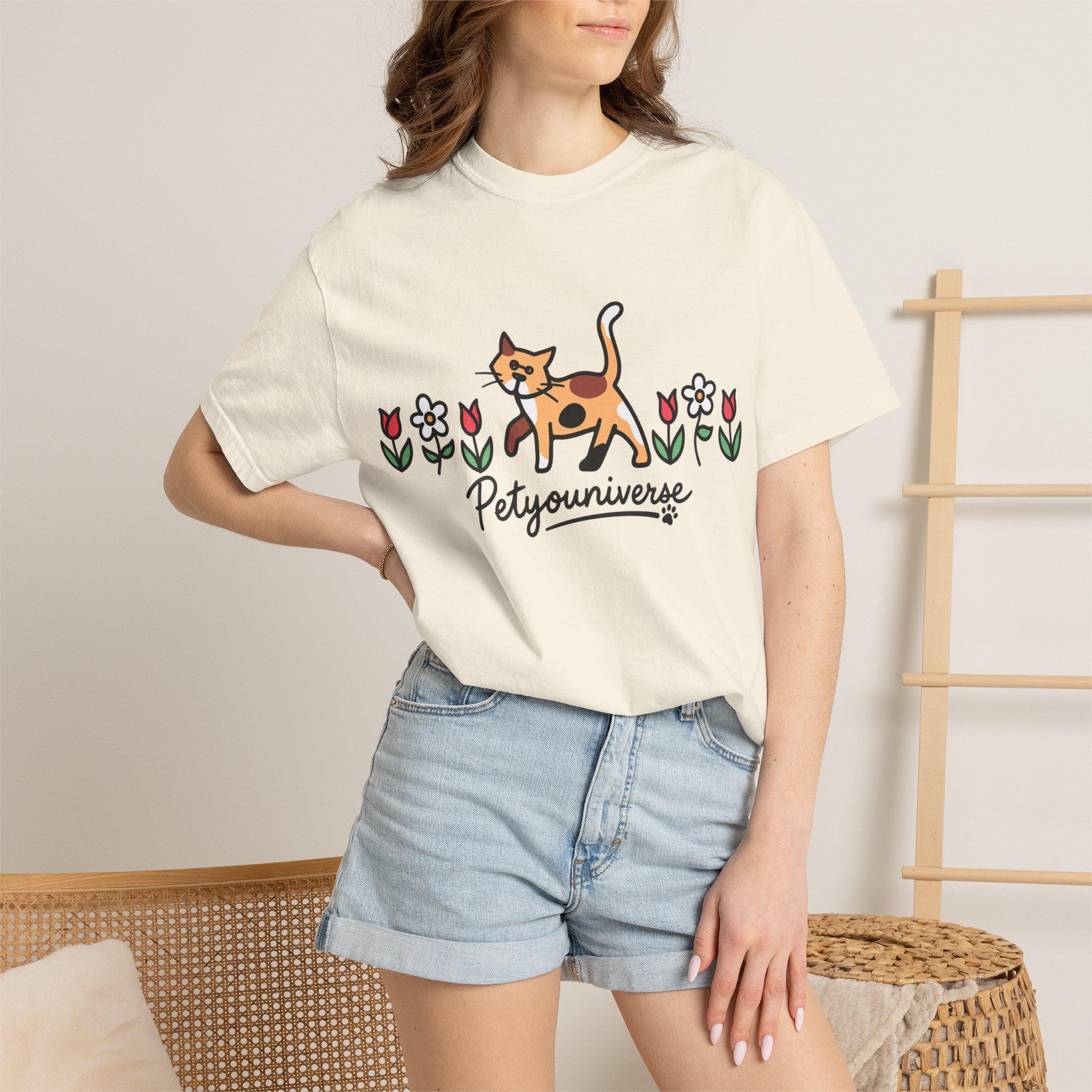Cat & Flowers T-Shirt — 'Petsyouniverse' Cute Calico Tee - Image 2