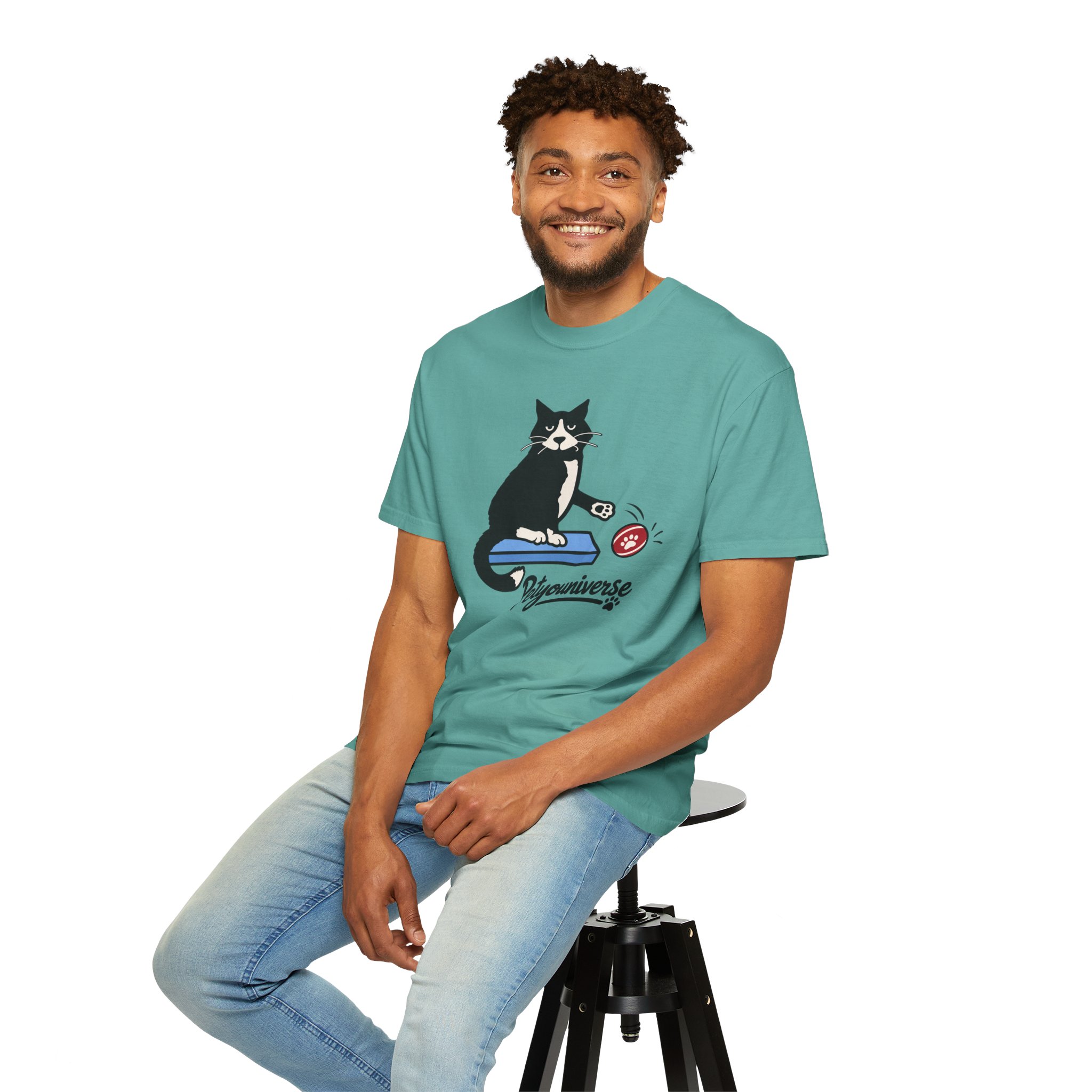 Cat on Scratch Pad Graphic T-Shirt — "Petyouniverse" Cute Paw Play Tee - Image 80